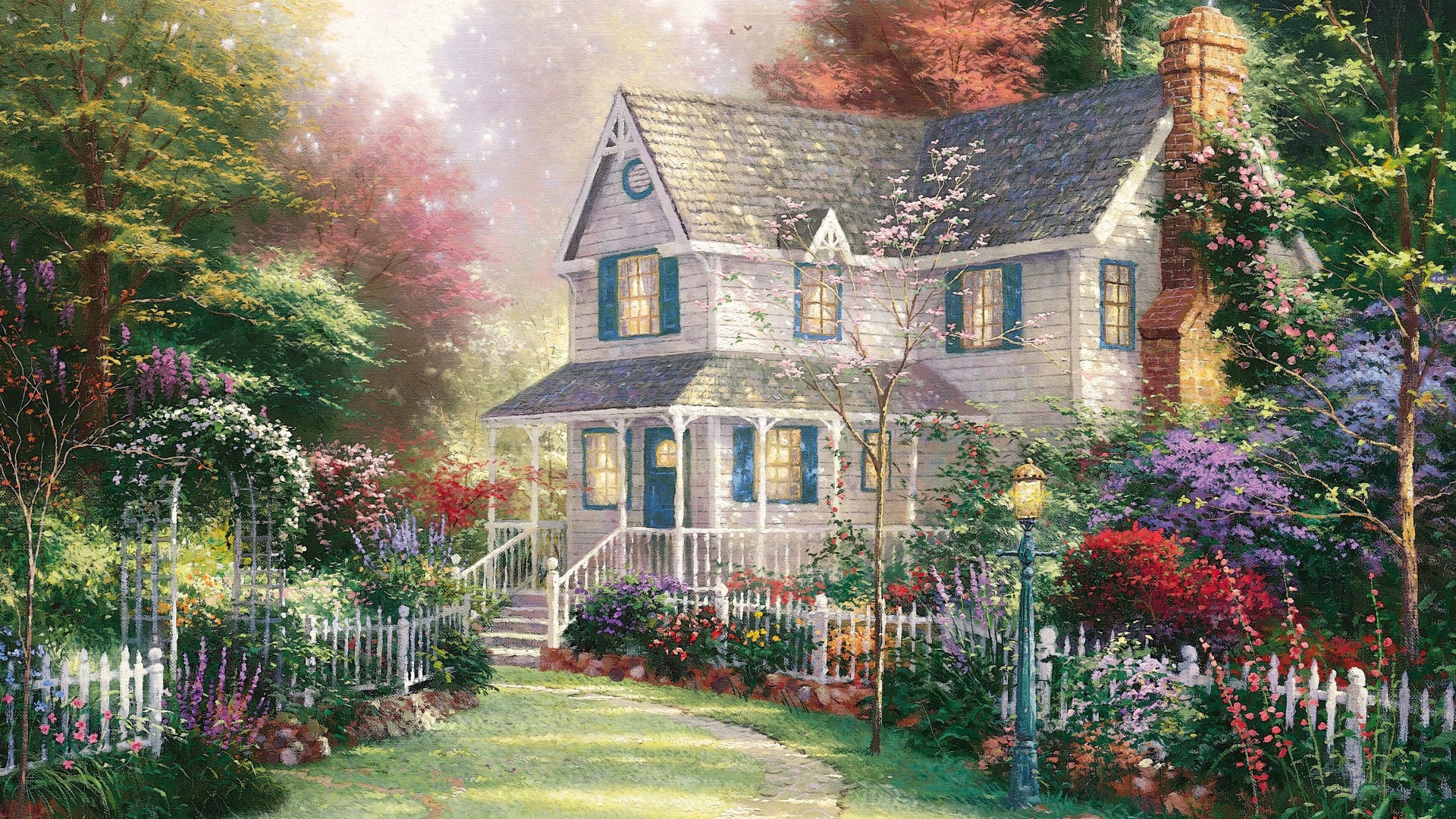 维多利亚花园，托马斯·金凯德，花园，房子，别墅，美丽草木，绘画，风景桌面壁纸