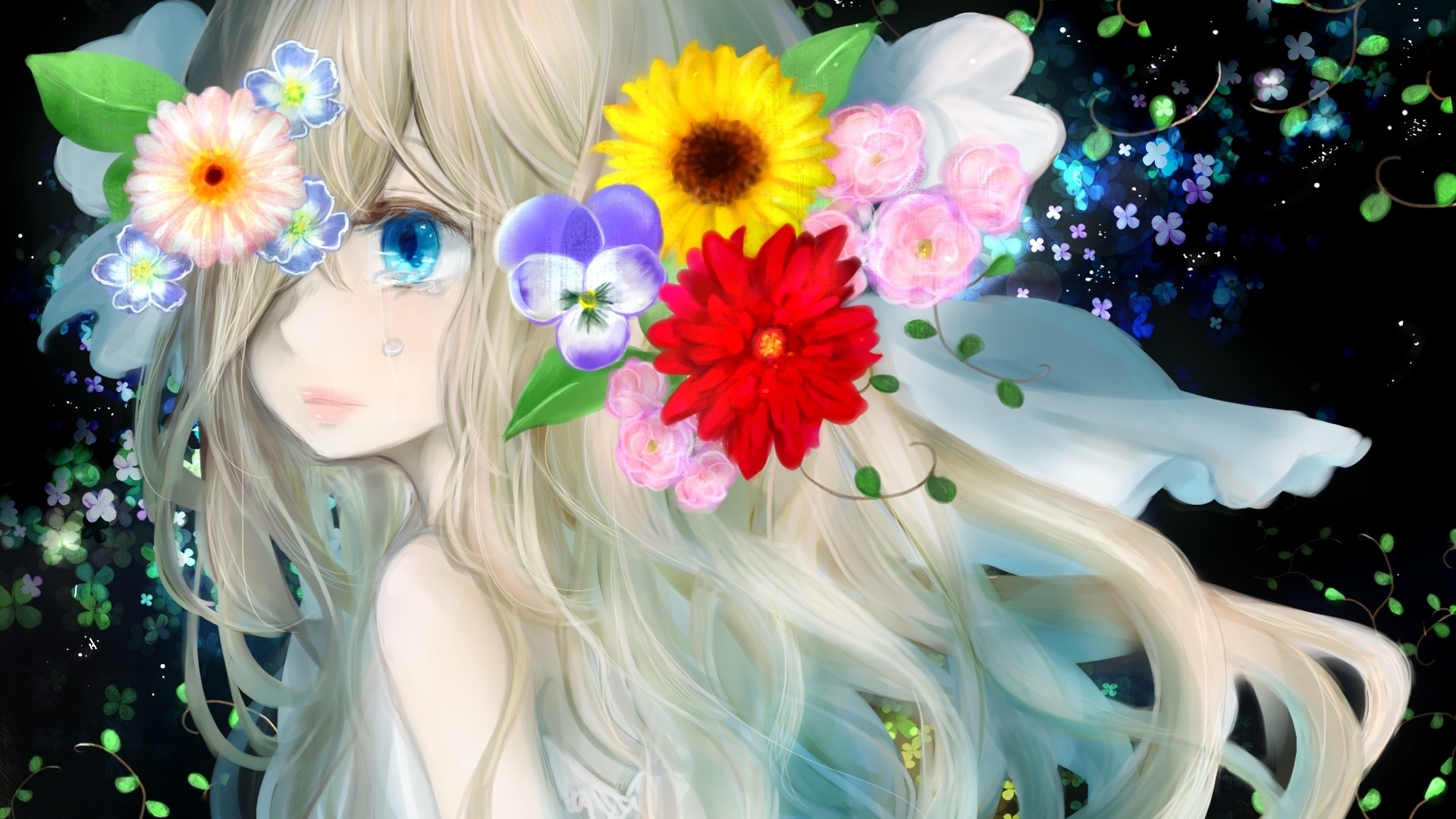 小女孩的眼泪,悲伤,花的图片,动漫桌面壁纸