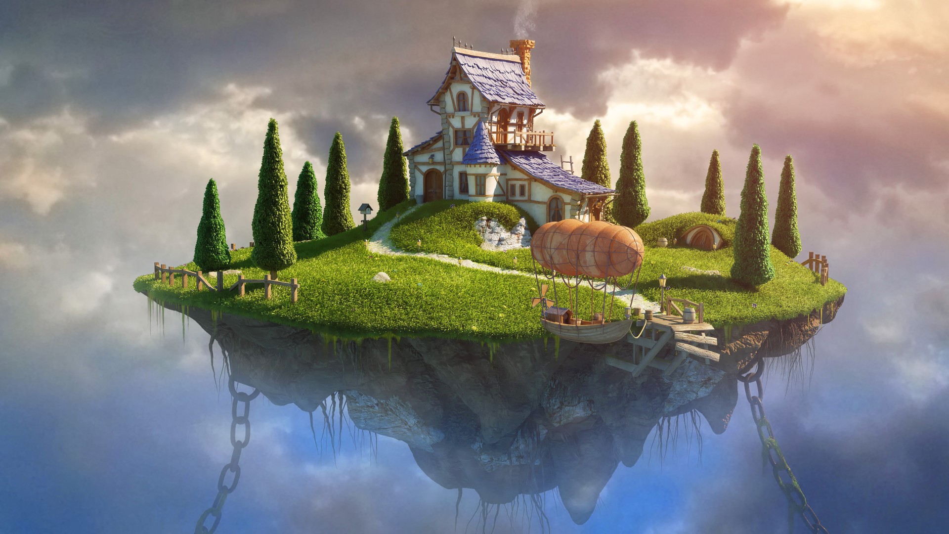 房子,链条,树,草,飞船,幻想主题风景桌面壁纸