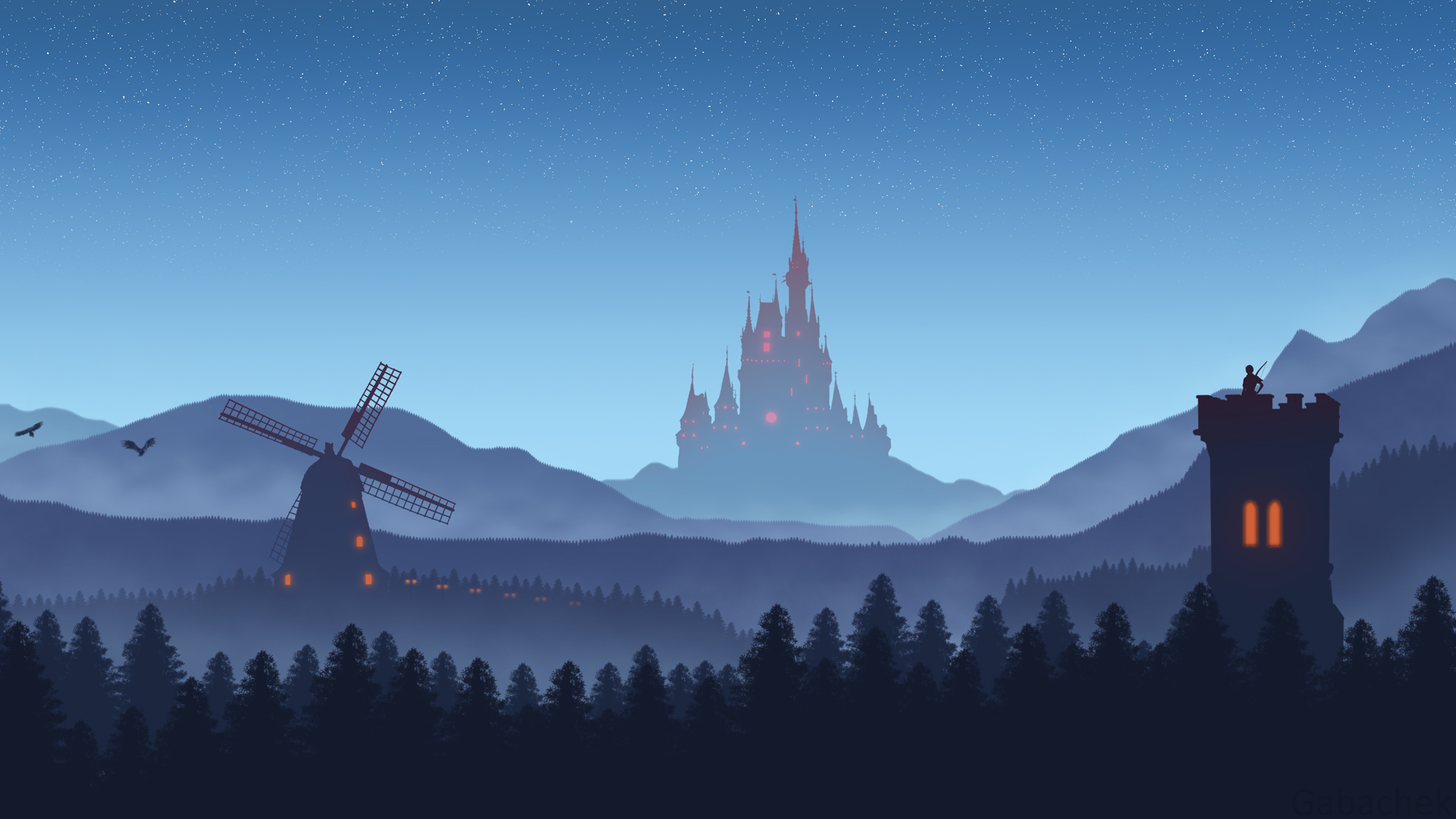 夜晚 星星 山 城堡 风车 手绘 风景 桌面 壁纸