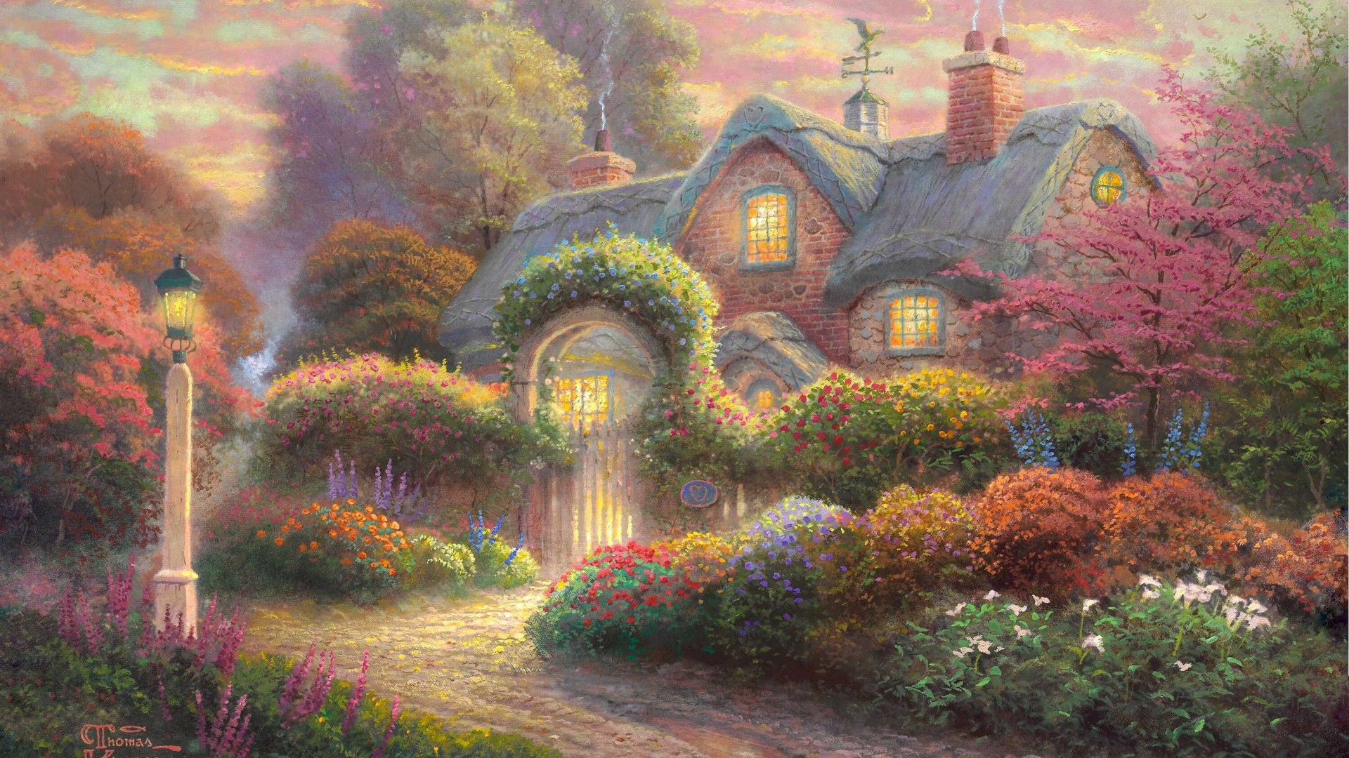 玫瑰花，花，草，树，房子，宁静，托马斯·金凯德，画，壁纸