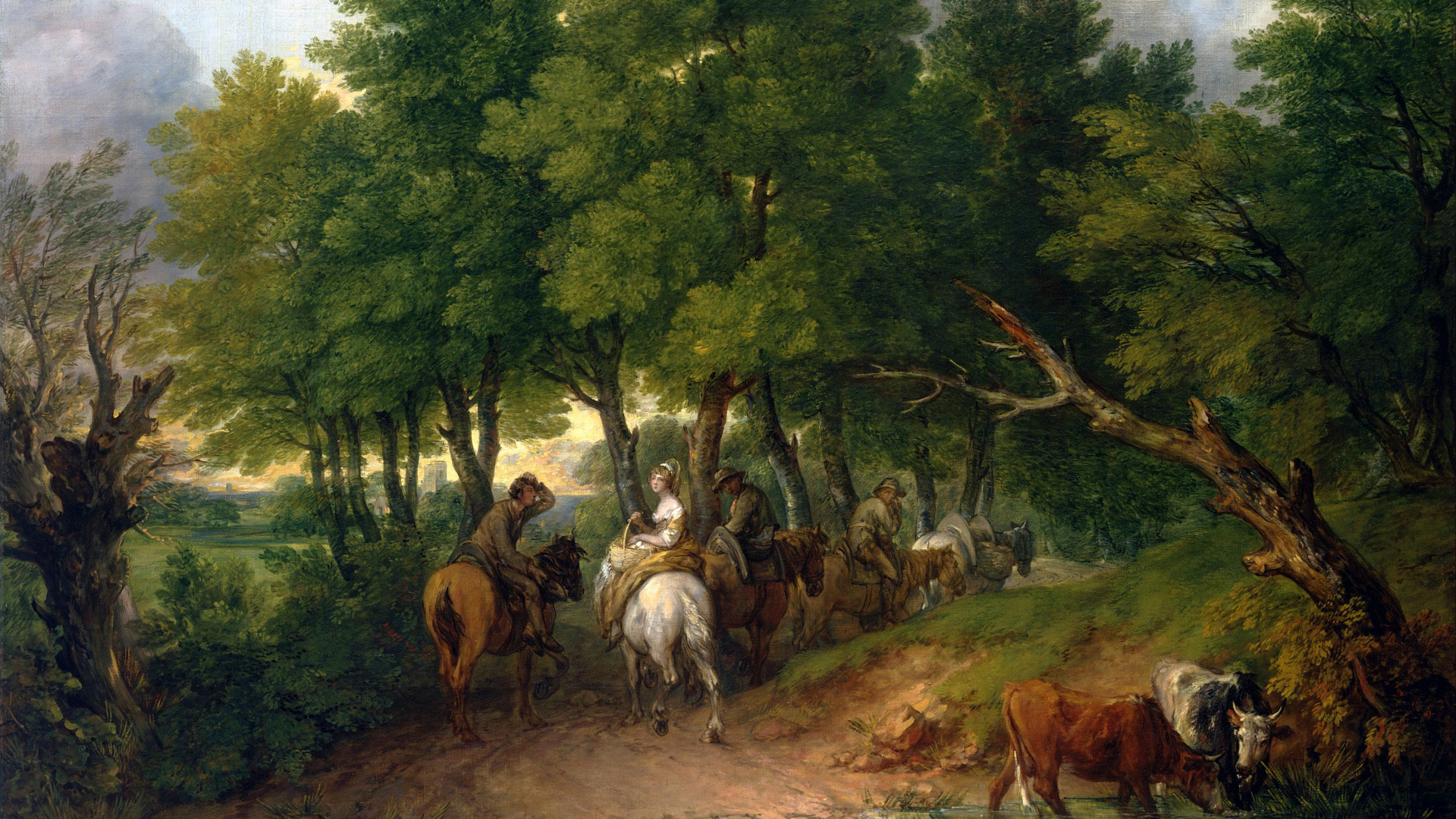 托马斯·庚斯博罗，路，小树林，马，从市场，集市，回来，绘画，风景画桌面壁纸
