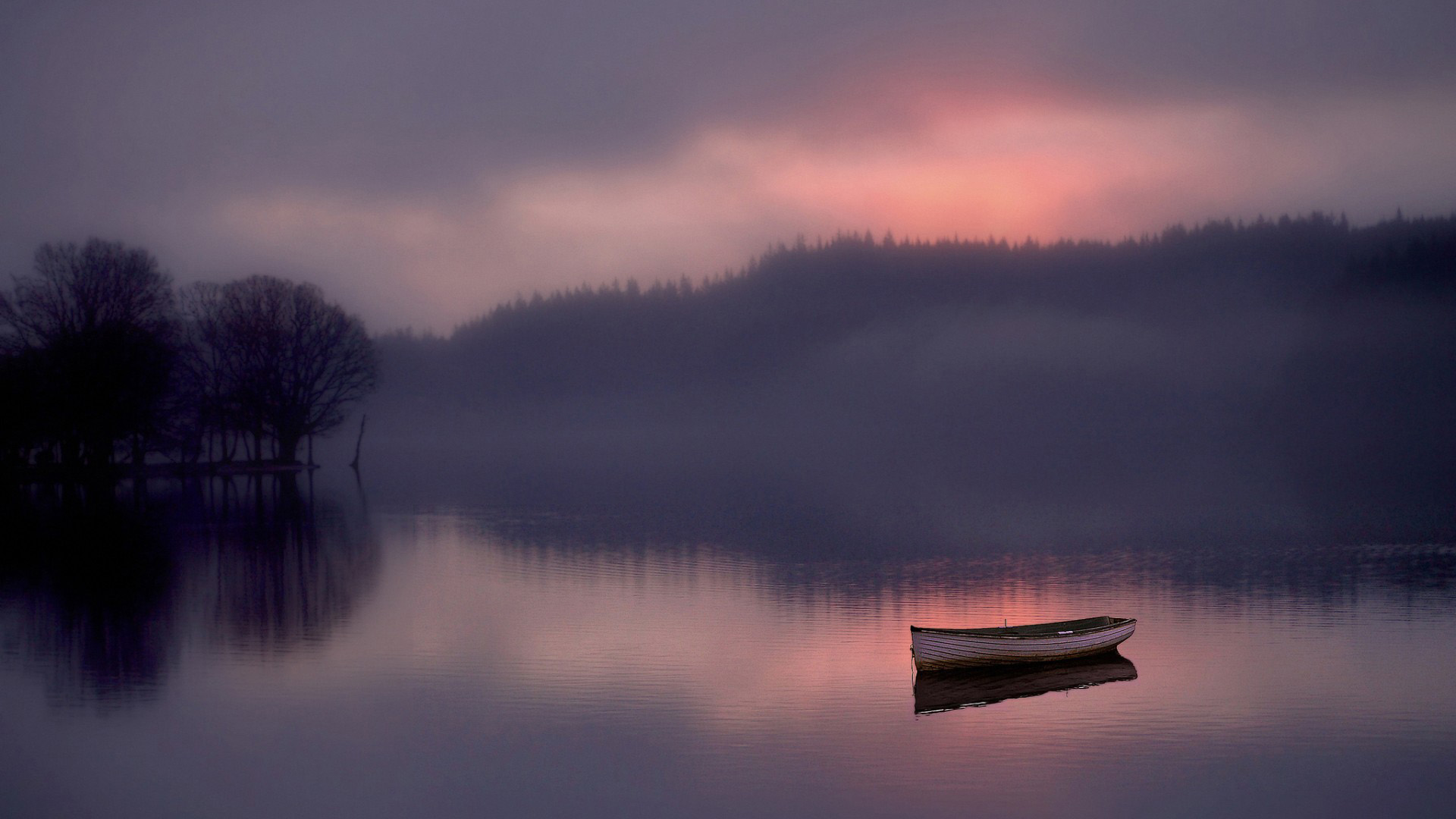 森林、湖泊、船、雾,黎明,风景桌面壁纸