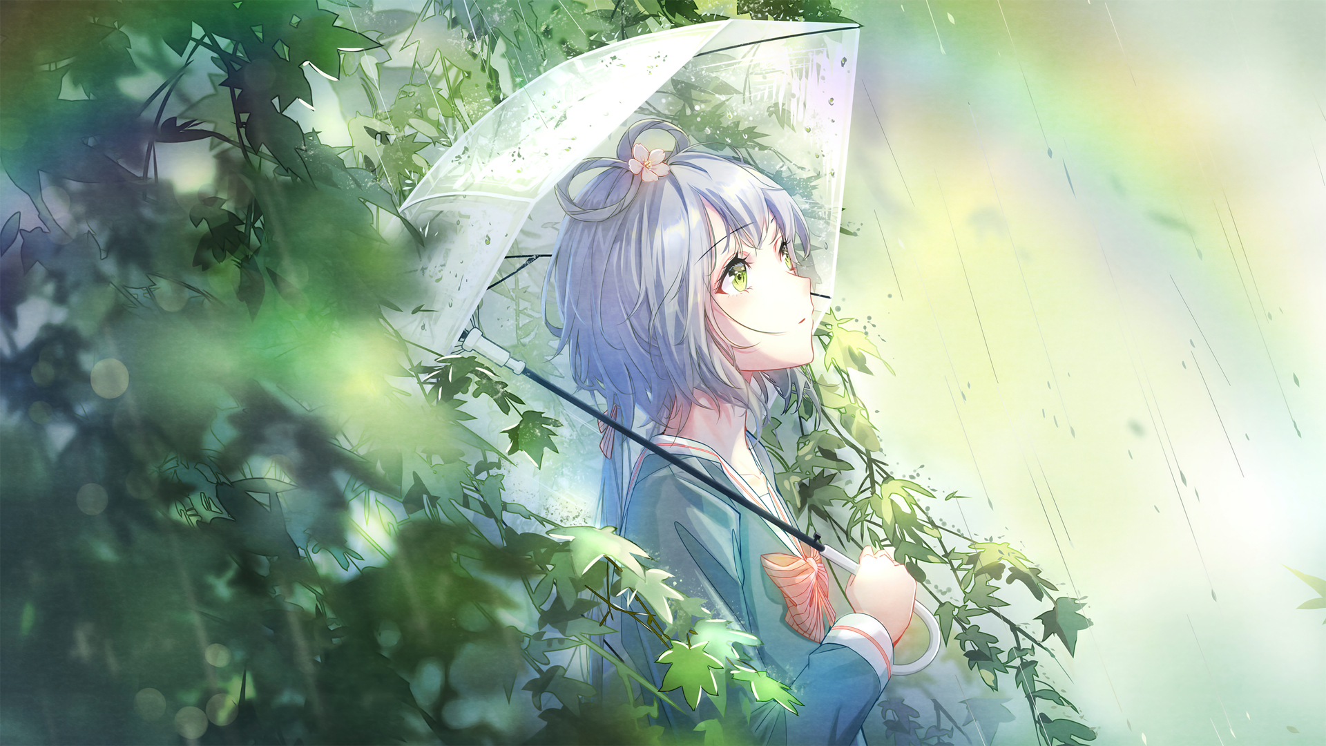 雨天 树林 女孩 伞 树叶 动漫壁纸