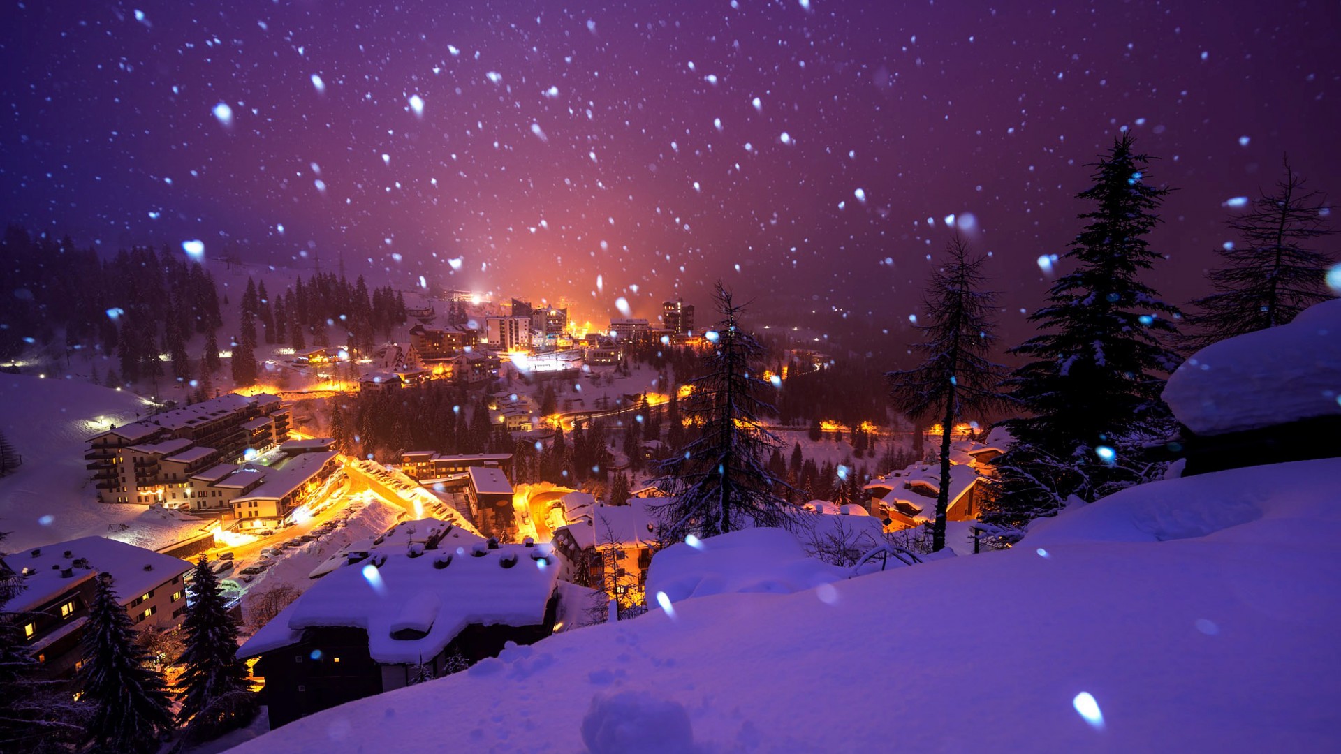 意大利,阿尔卑斯山,贝加莫,夜晚,飘雪,灯光,风景桌面壁纸