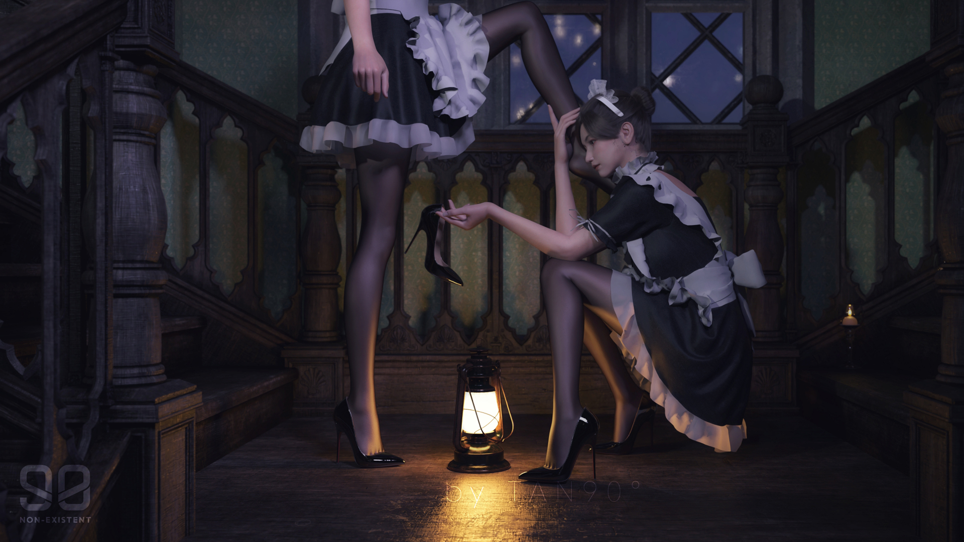 两个女仆 女仆装 黑裤袜 黑色高跟鞋 油灯 动漫壁纸