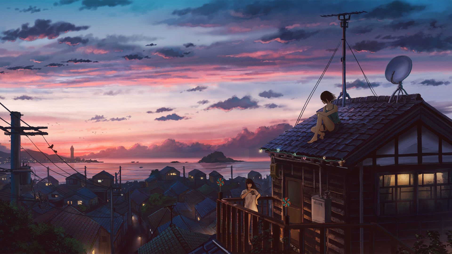 海边的小镇 坐在屋顶的女孩 唯美动漫风景壁纸