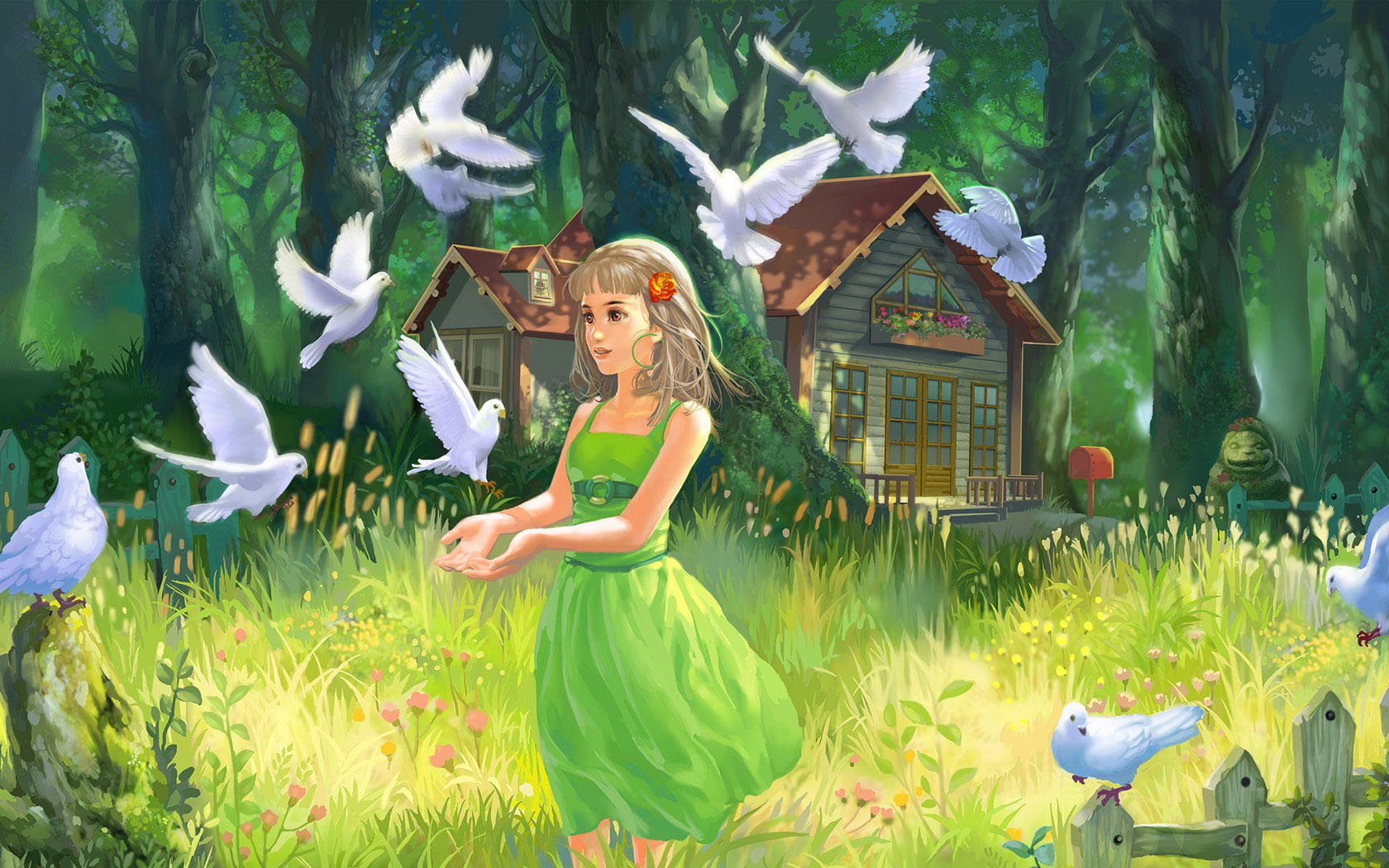 森林里白鸽与小女孩壁纸