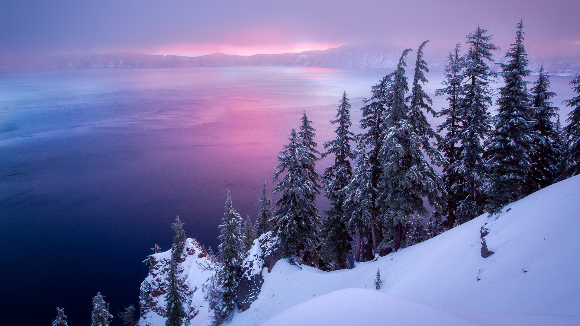 湖,雪山,树林,冬天风景桌面壁纸