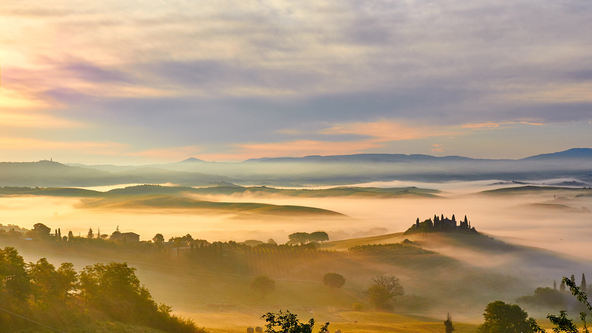 秋天的早晨,草地,田野,雾,意大利托斯卡纳,风景电脑壁纸