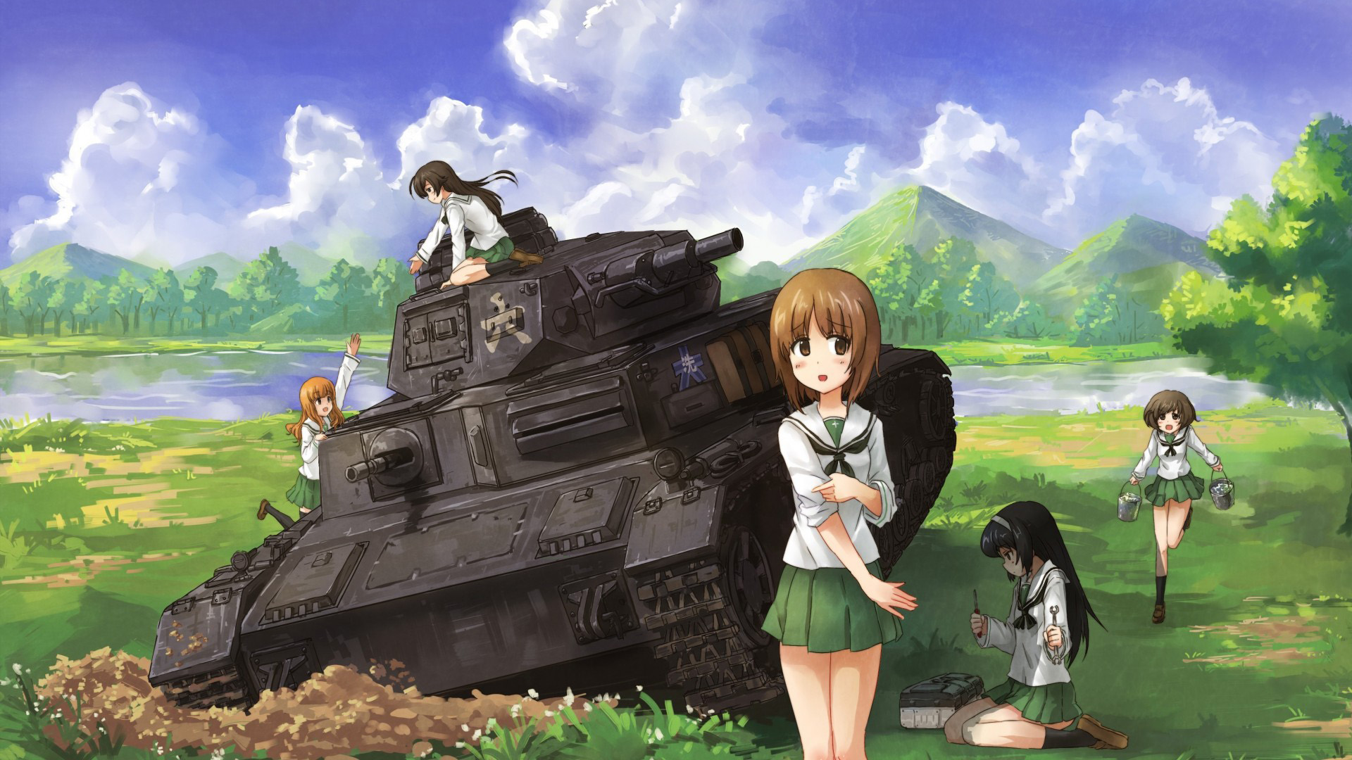 可爱动漫女孩和坦克,漂亮风景壁纸