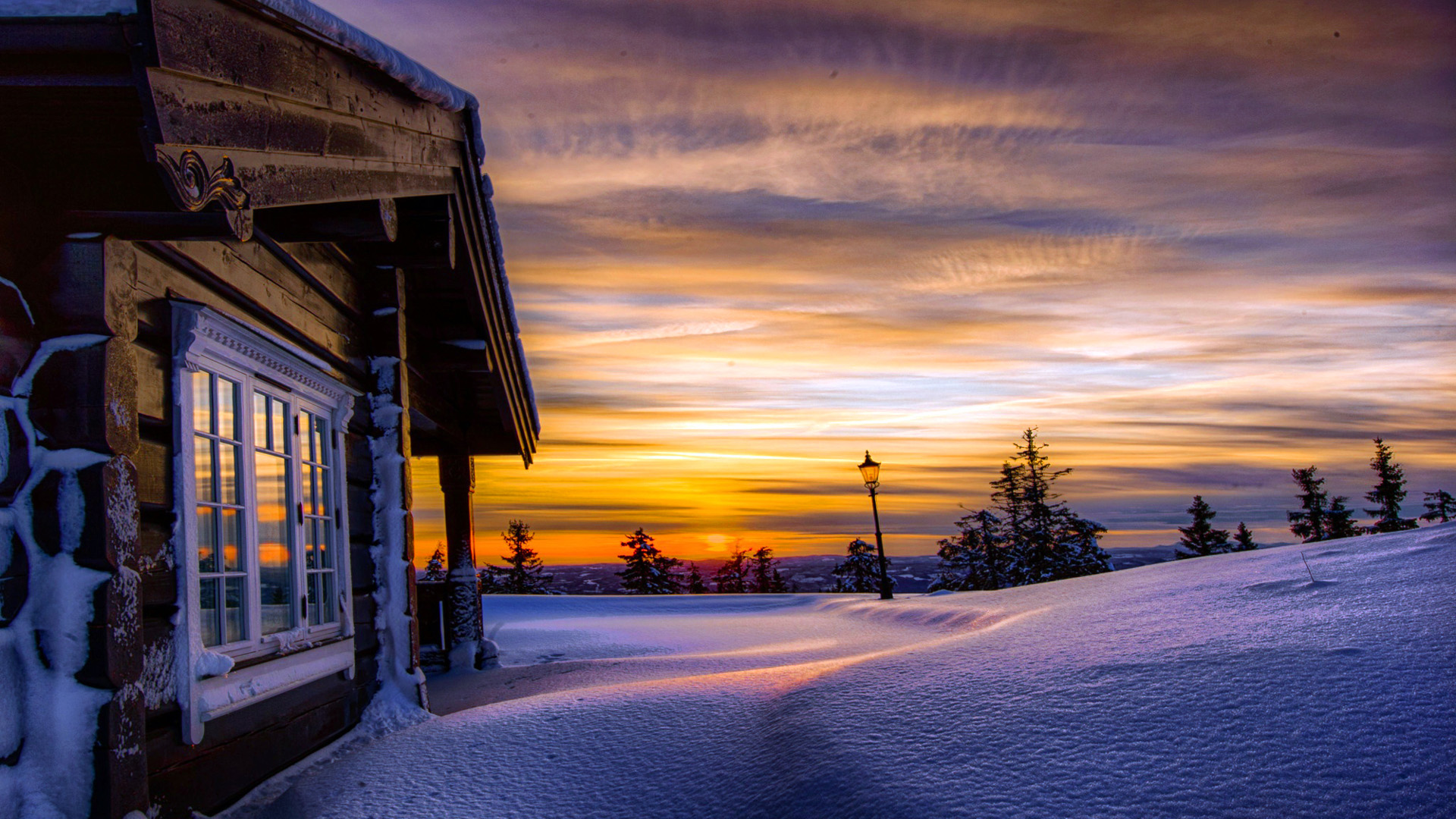 冬天,雪,雪堆,房子,树,天空,风景桌面壁纸