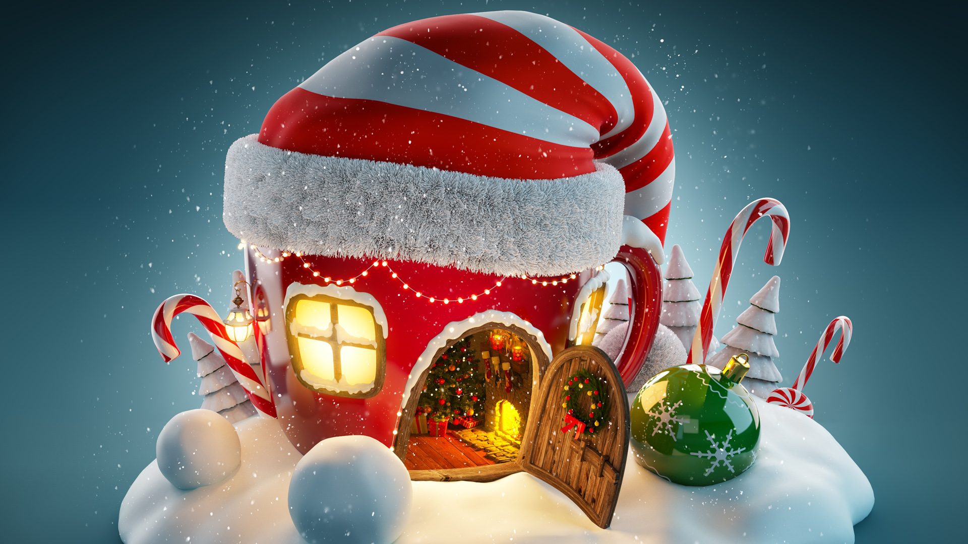 圣诞帽子,小屋,圣诞树,雪球,桌面壁纸