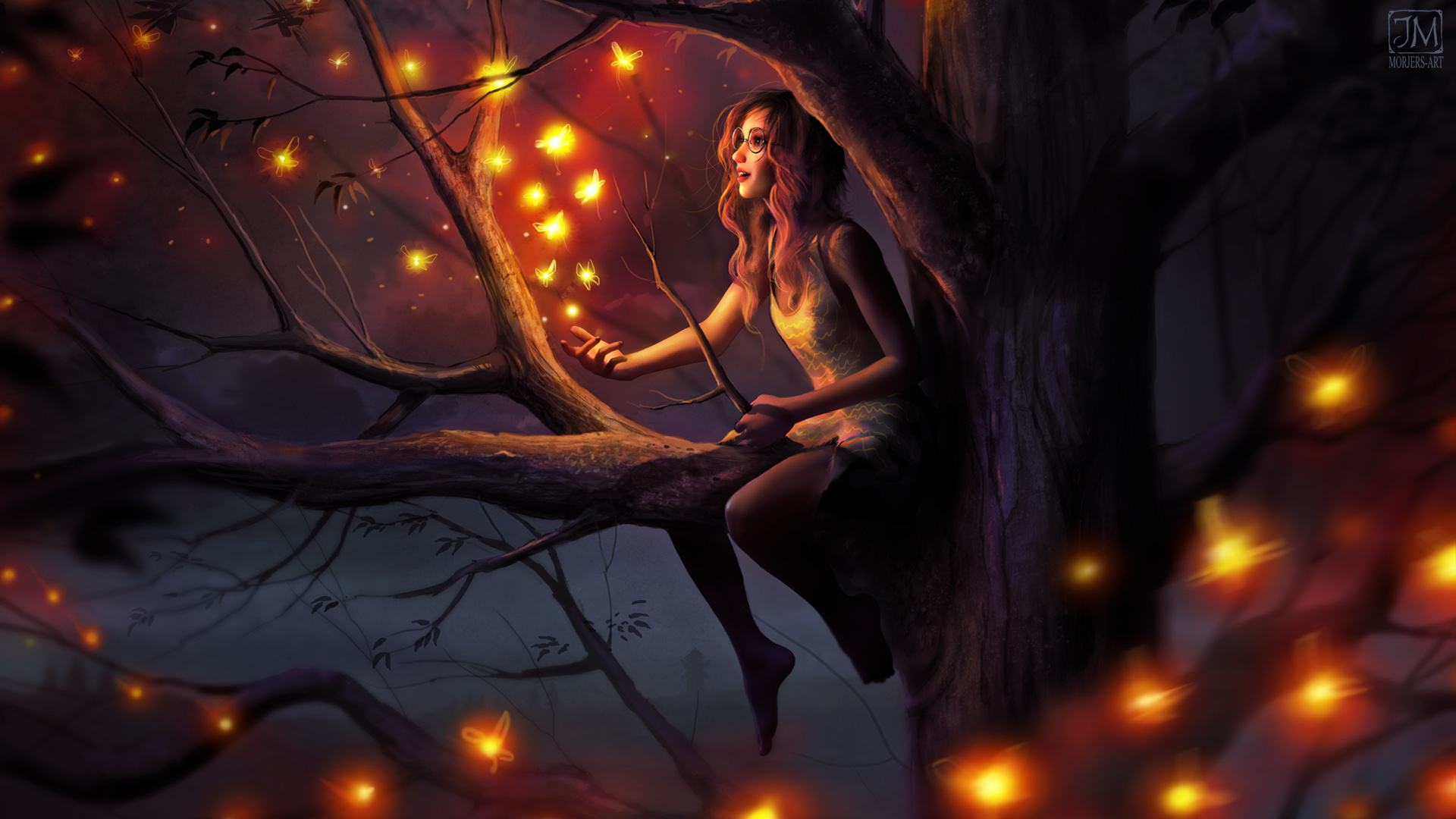 晚上坐在树上的女孩美女蝴蝶 魔法 唯美壁纸