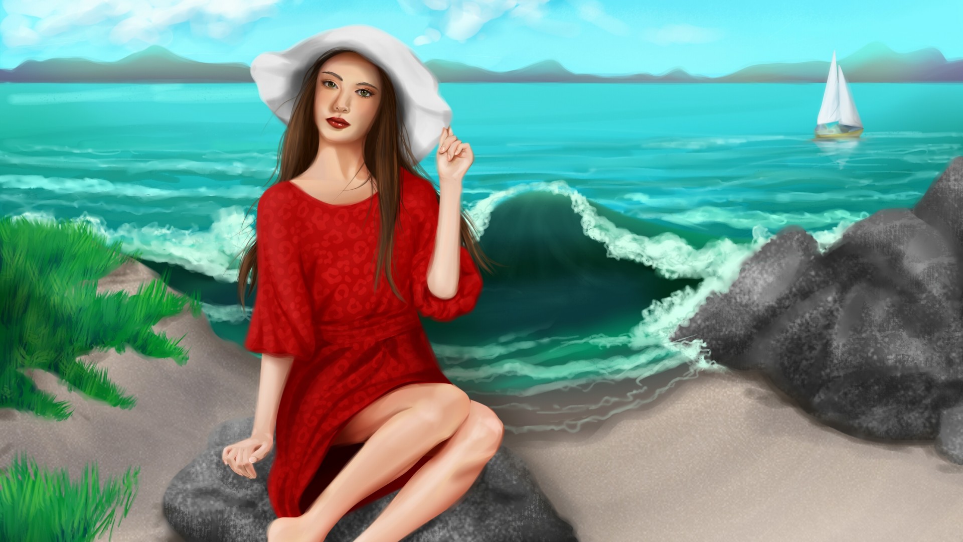 女孩,帽子,红色裙子,唯美,大海,海边,小船,精美绘画壁纸
