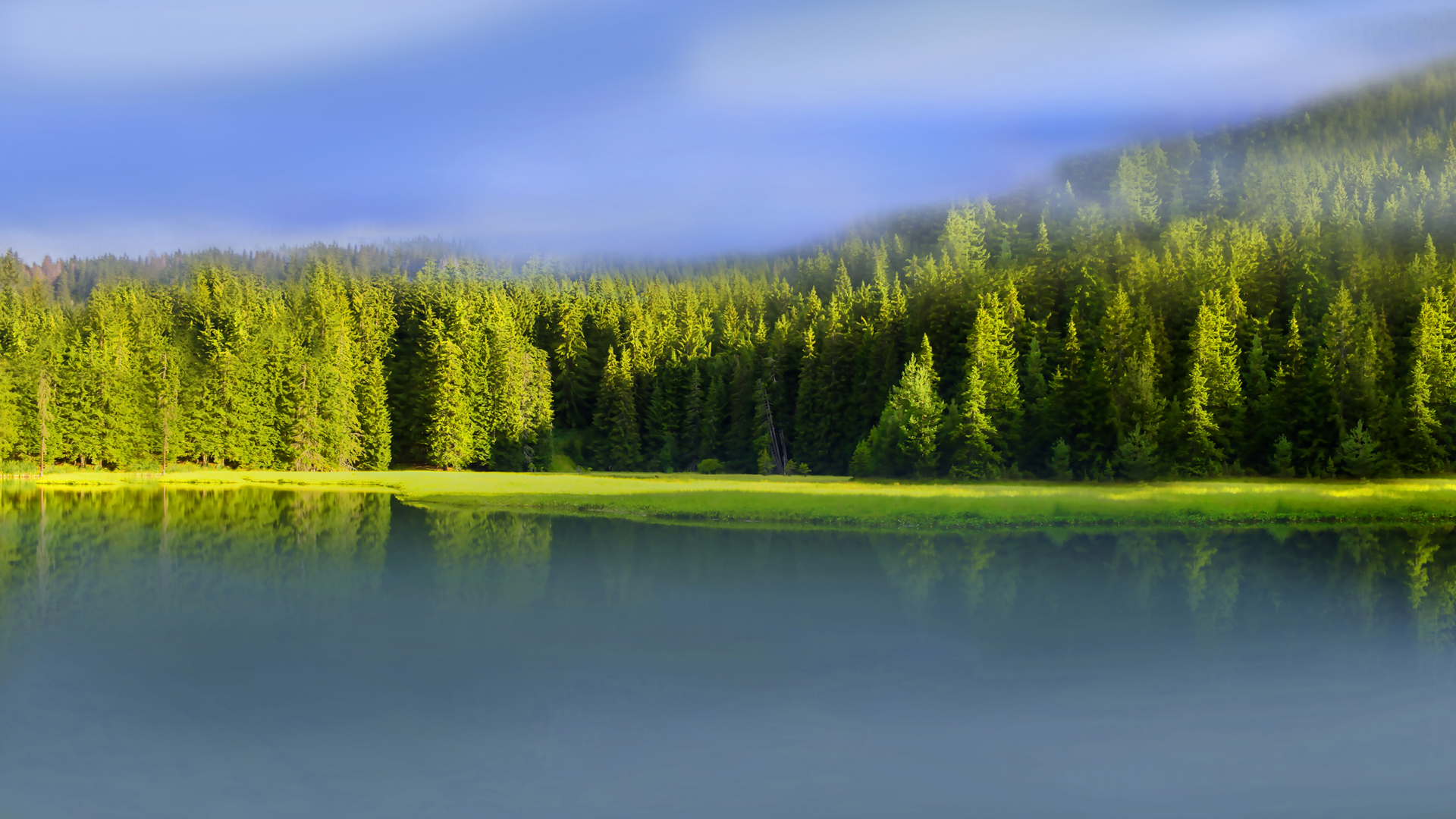 山水风景 雾 朦胧 树 湖水 自然 护眼 电脑 壁纸