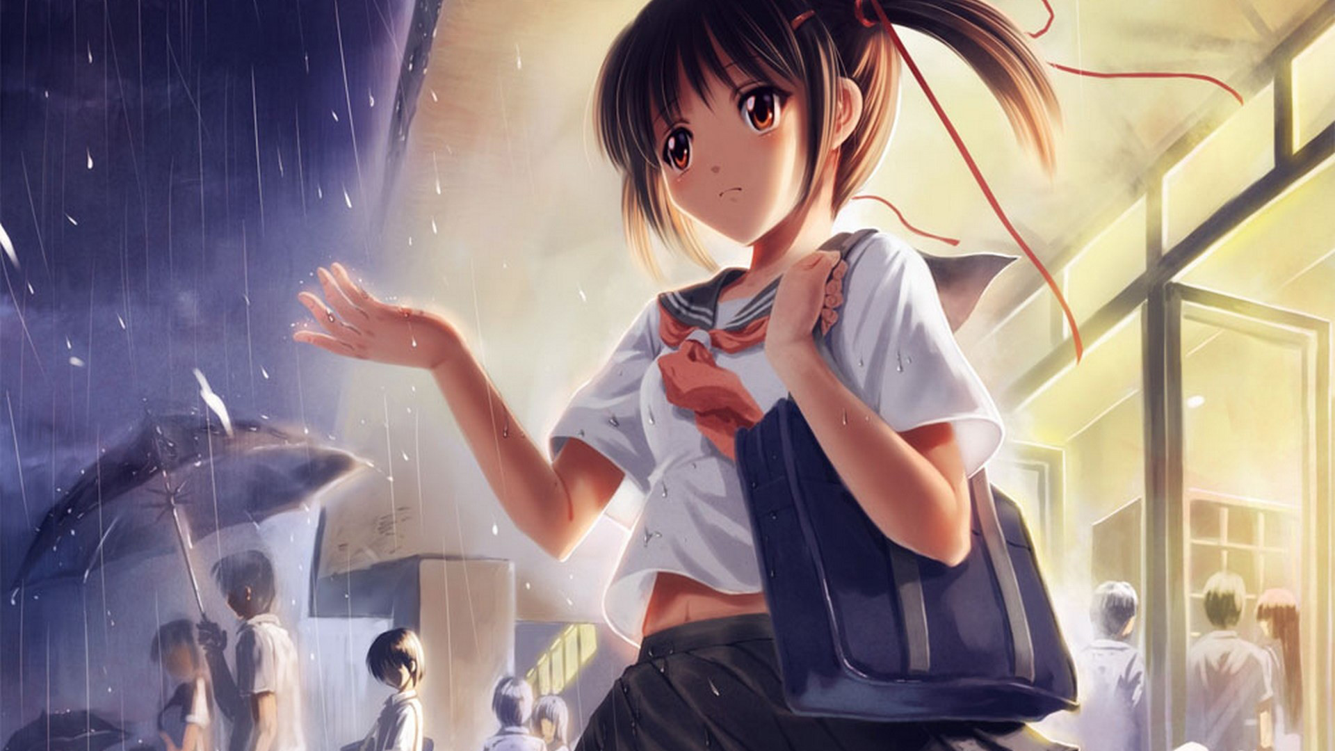 校服，女生，红领巾，书包，可爱辫子，雨天，学校，放学，动漫壁纸