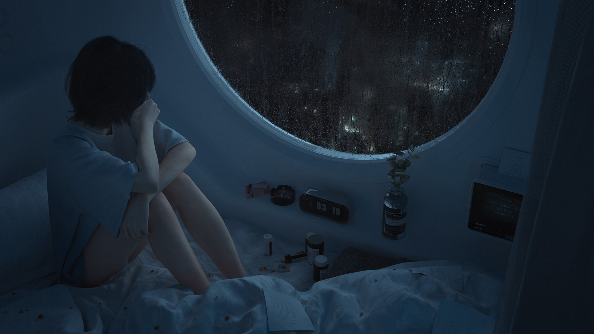 短发女孩 心情 房间 雨夜 圆形玻璃窗户 动漫壁纸