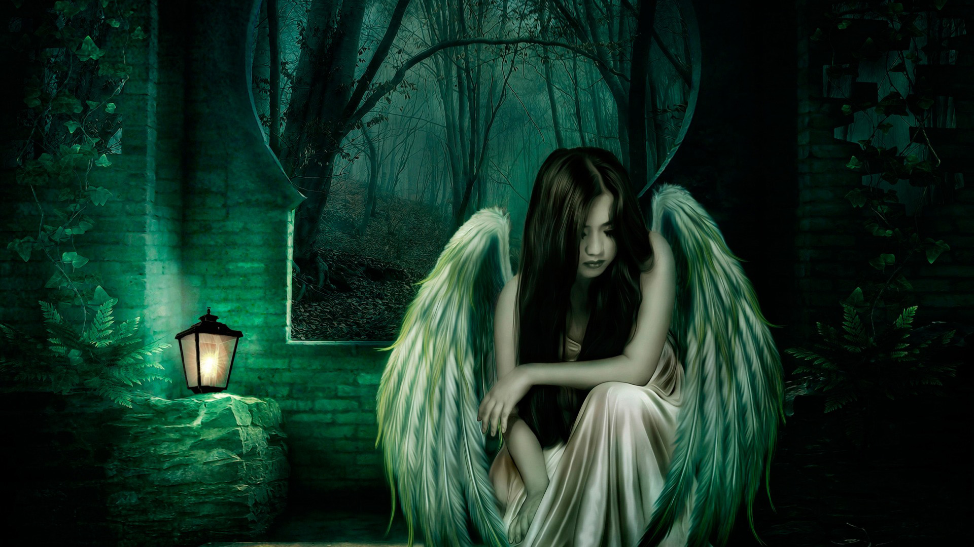 天使翅膀的女孩,房间,灯,背景,森林,唯美意境壁纸