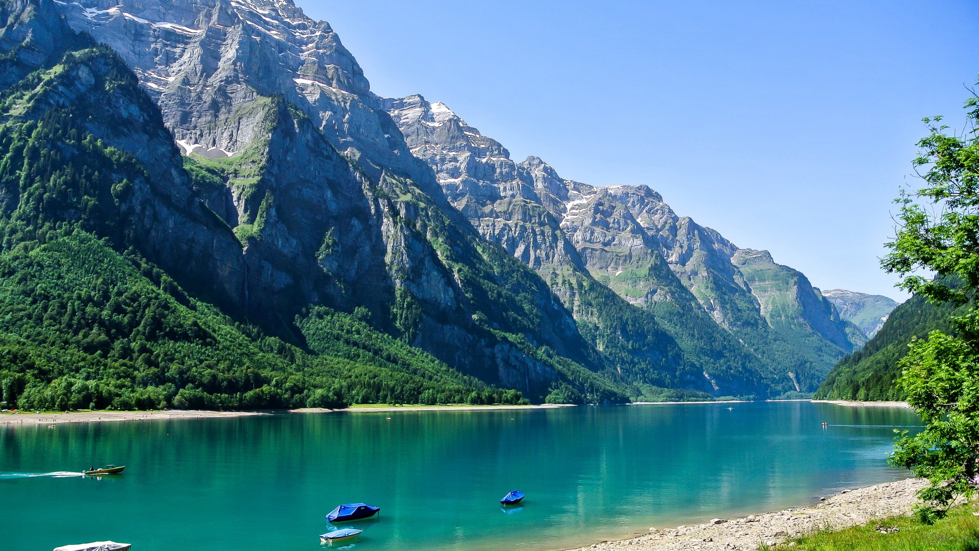 瑞士，格拉鲁斯，山，湖，海滩，风景桌面壁纸