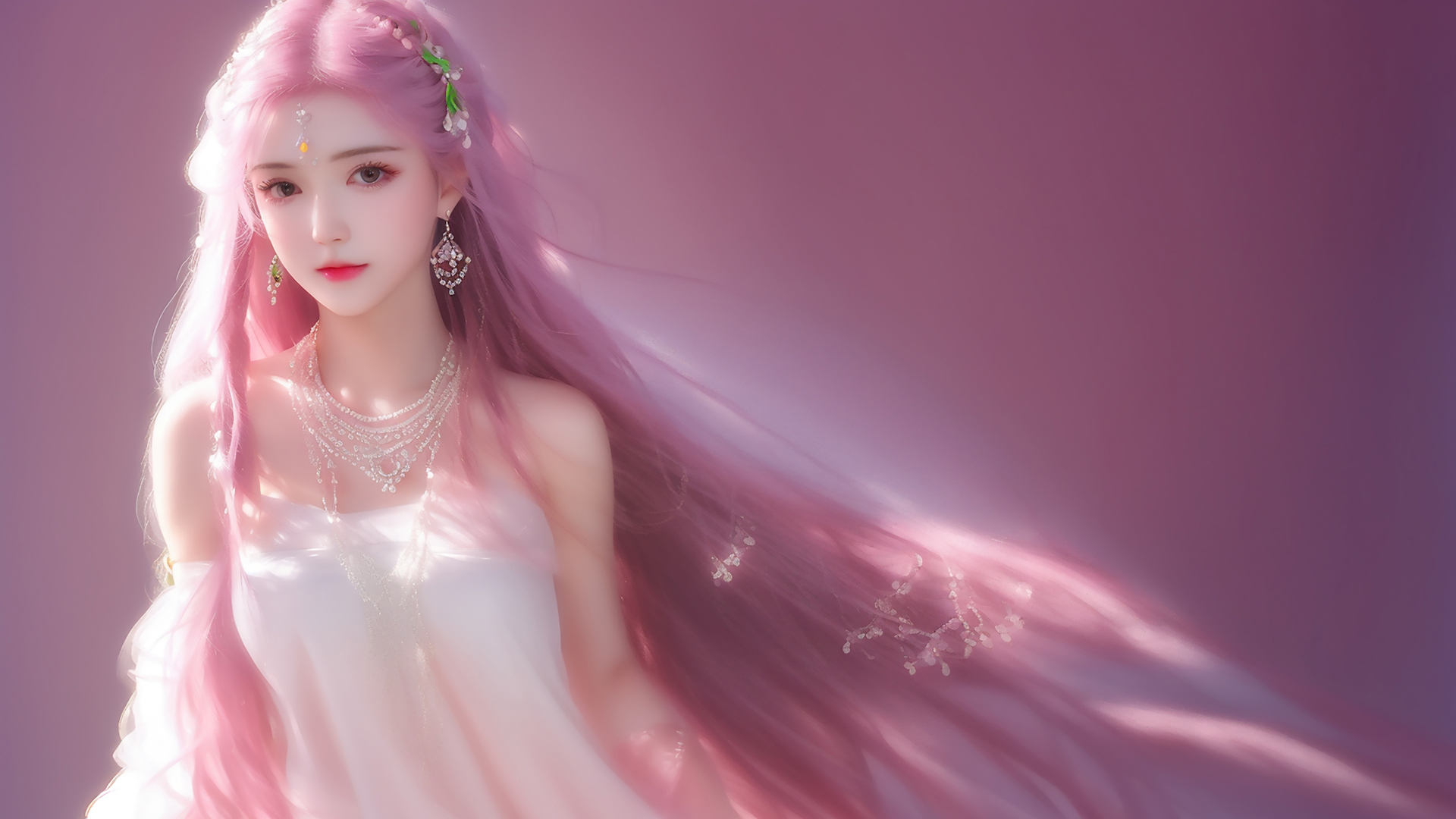 公主粉色长发 白色裙子 动漫美女电脑桌面壁纸