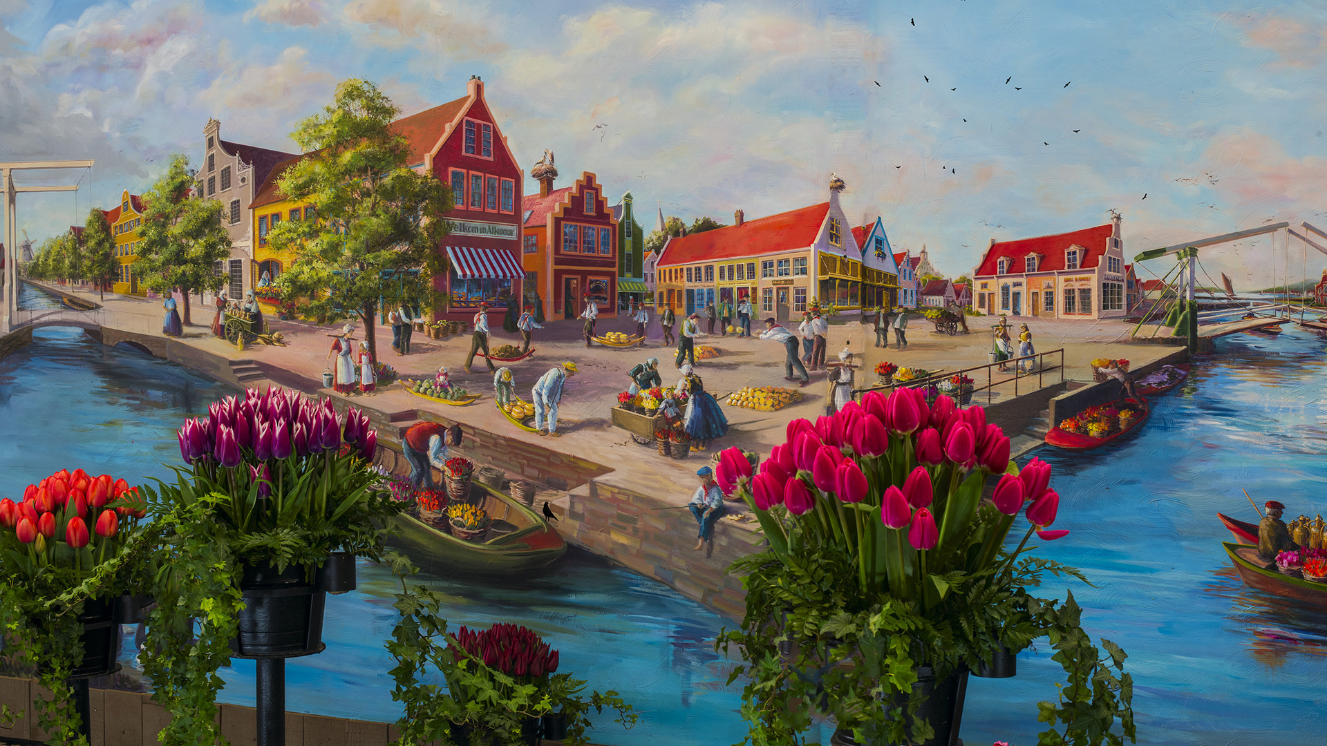荷兰,山水,花卉,人物,房子,河流,风景绘画壁纸