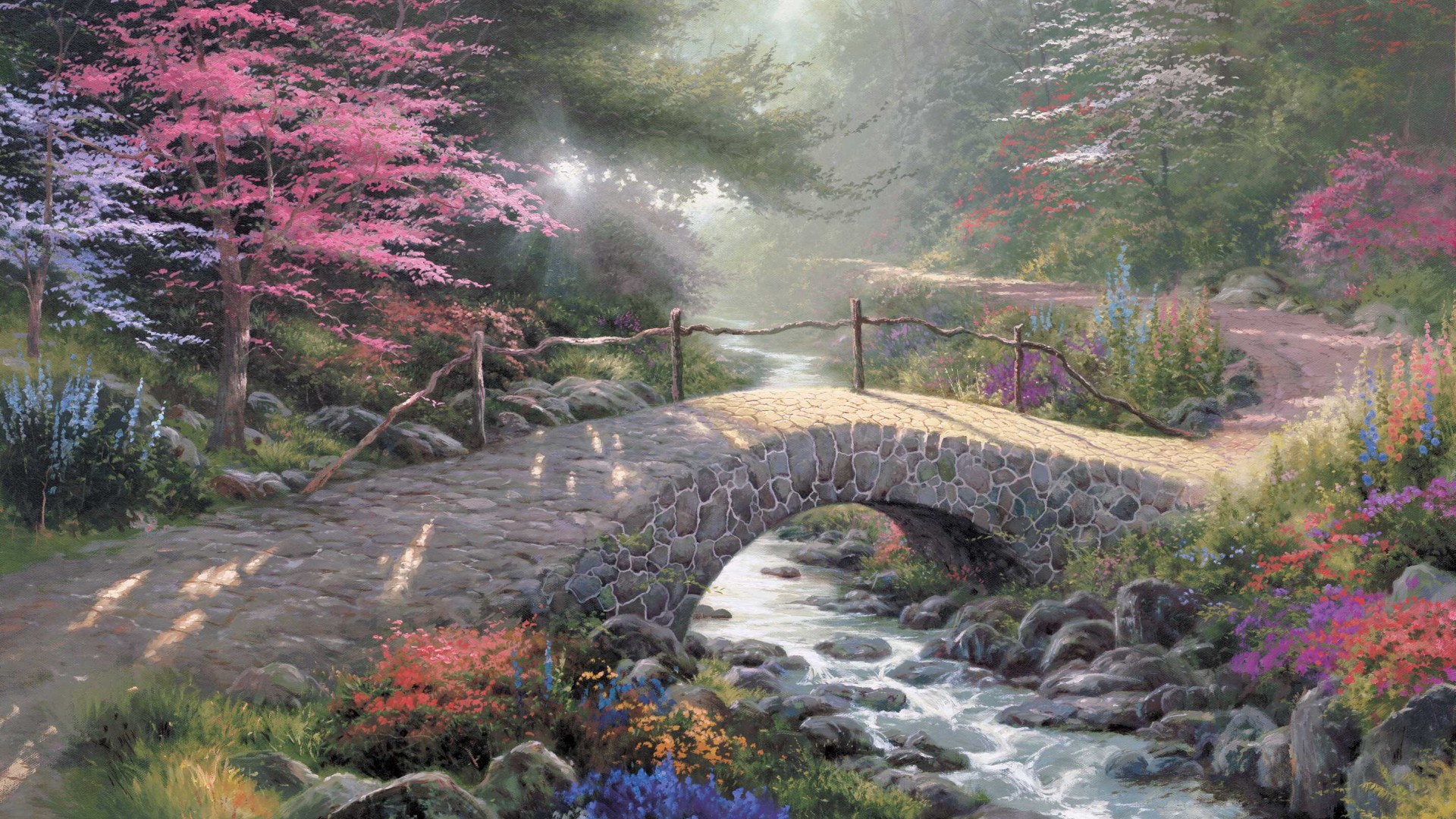 风景画,森林,小桥,溪水,意境,托马斯·金凯德,桌面壁纸