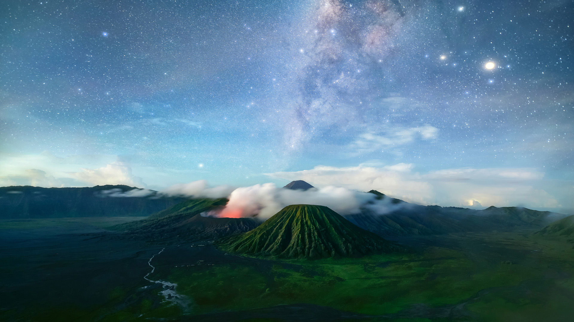 晚上,星星,火山风景电脑壁纸