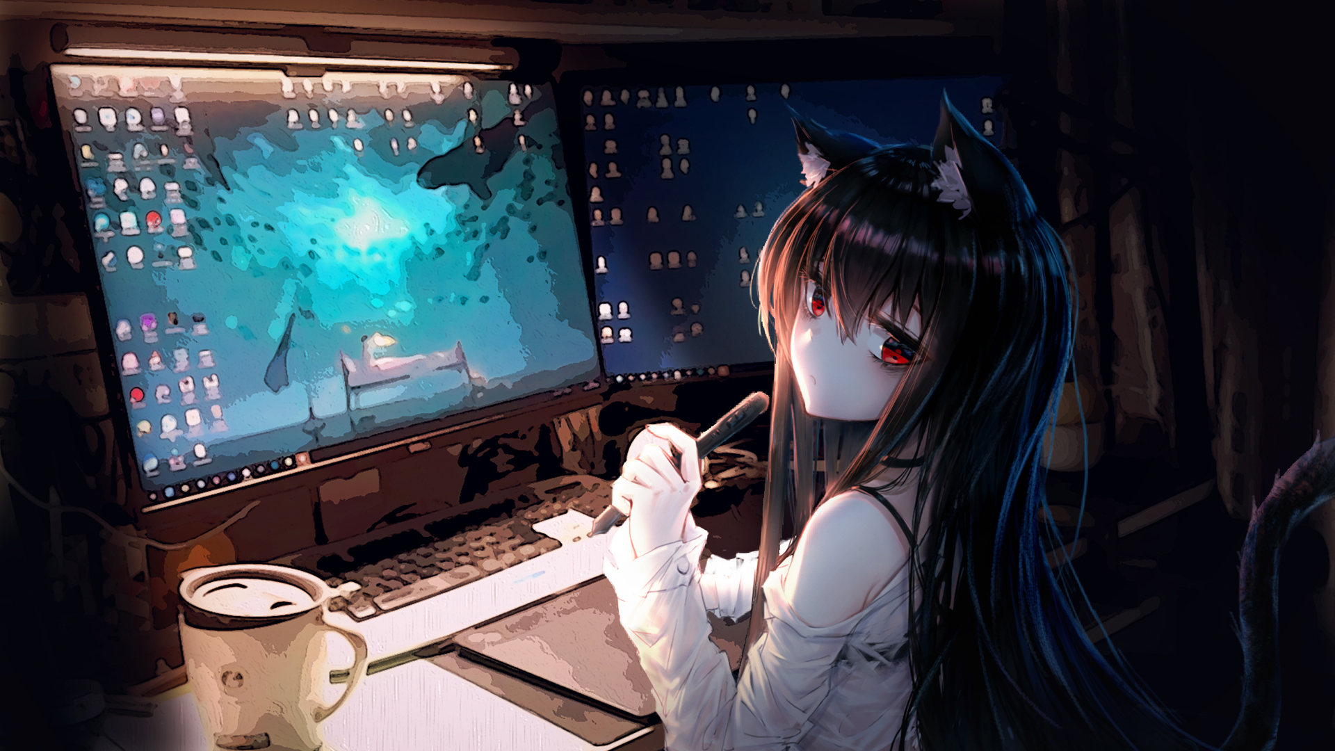 二次元少女 可爱猫耳 萌 电脑 绘画 创作 动漫壁纸