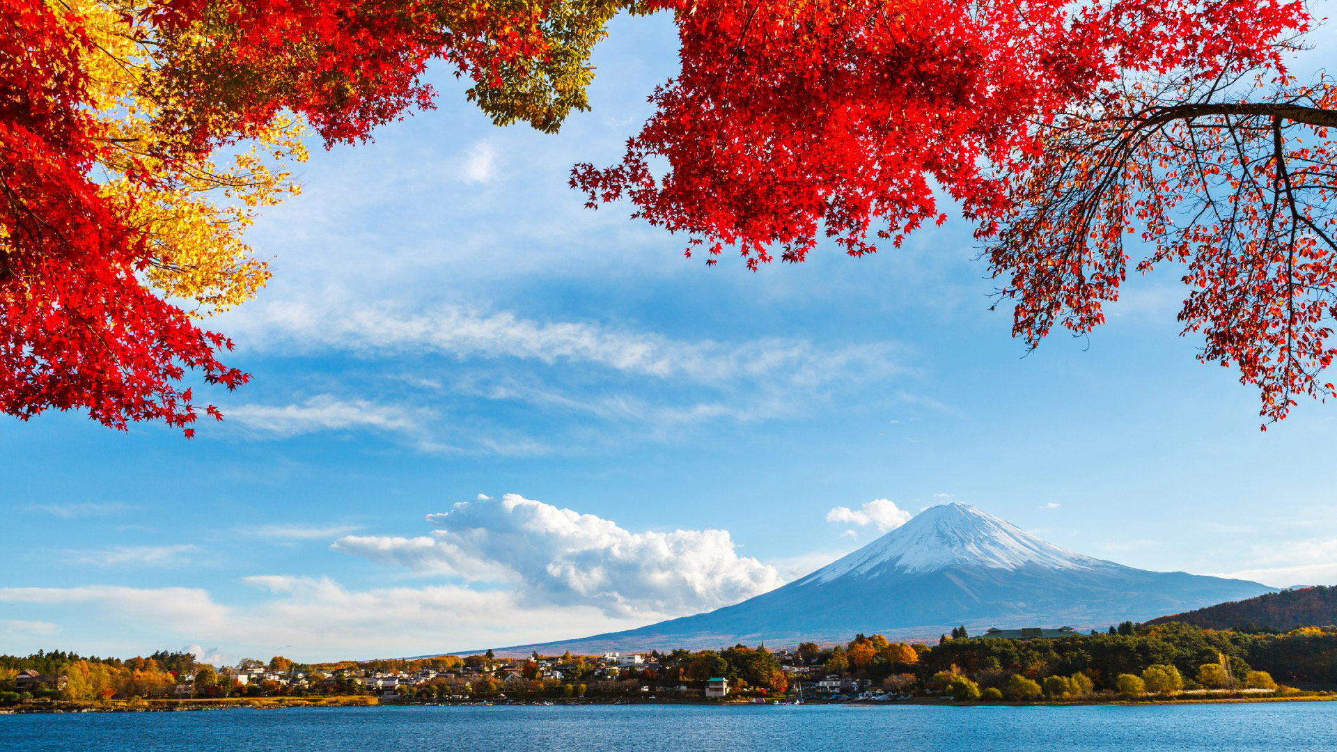 日本富士,天空,云,树,树叶,河流,风景壁纸