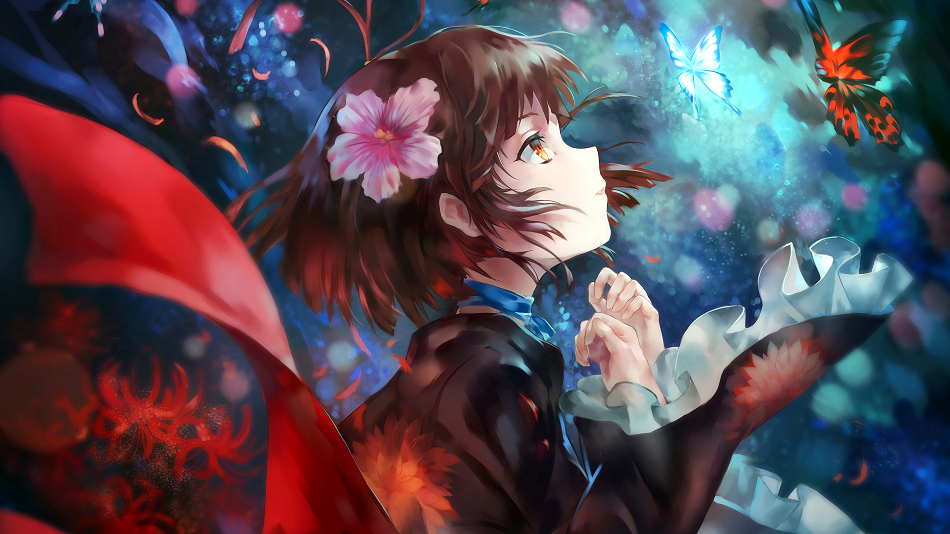 星空,女生,彼岸花,花瓣,蝴蝶,唯美梦幻动漫壁纸