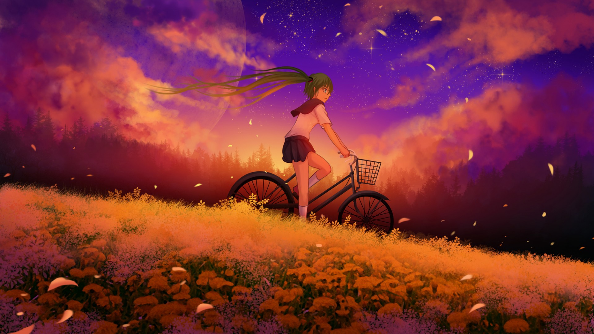 初音未来，女孩，单车，日落，动漫风景电脑桌面壁纸