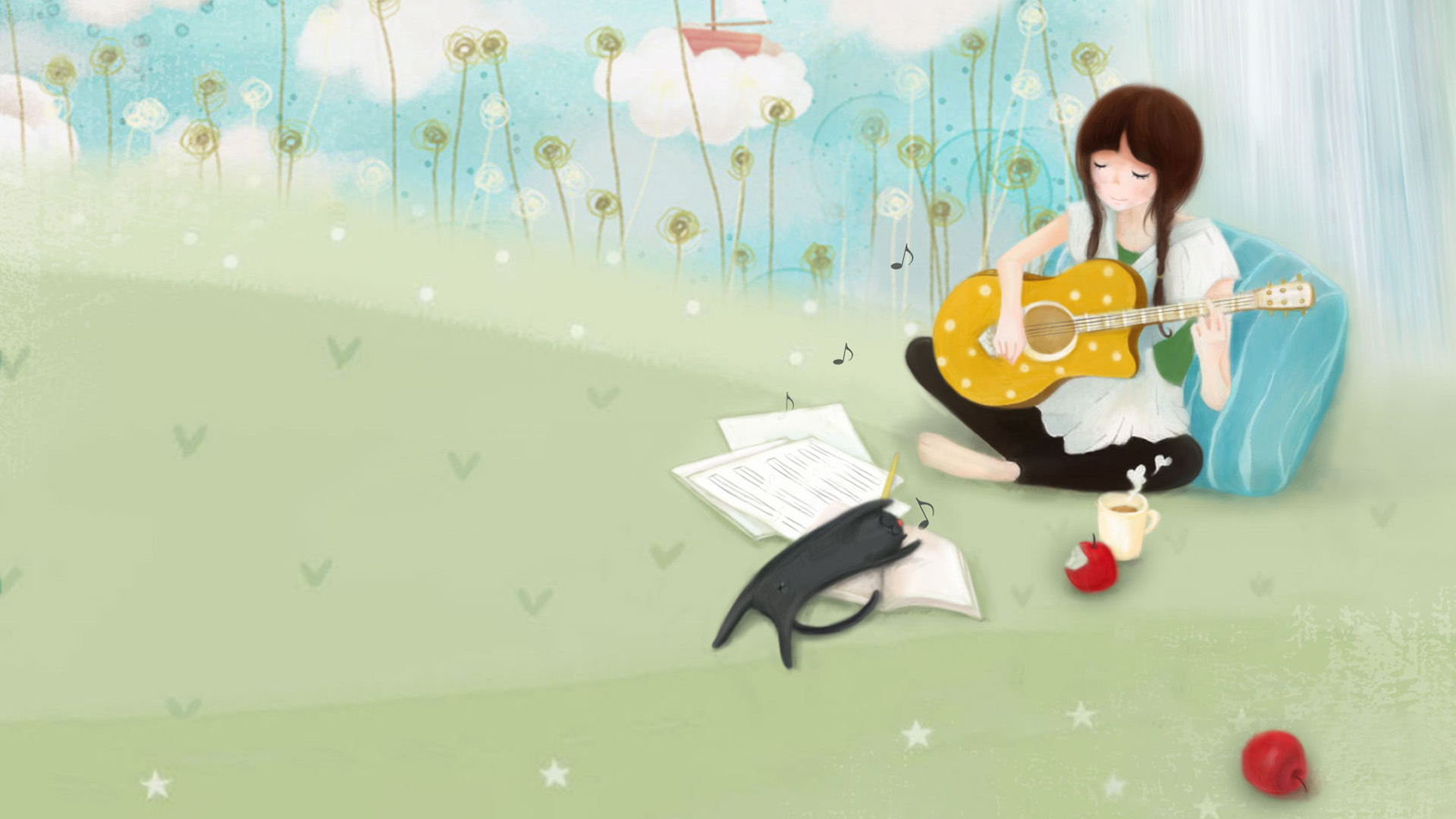 弹吉他的女孩和猫咪桌面壁纸