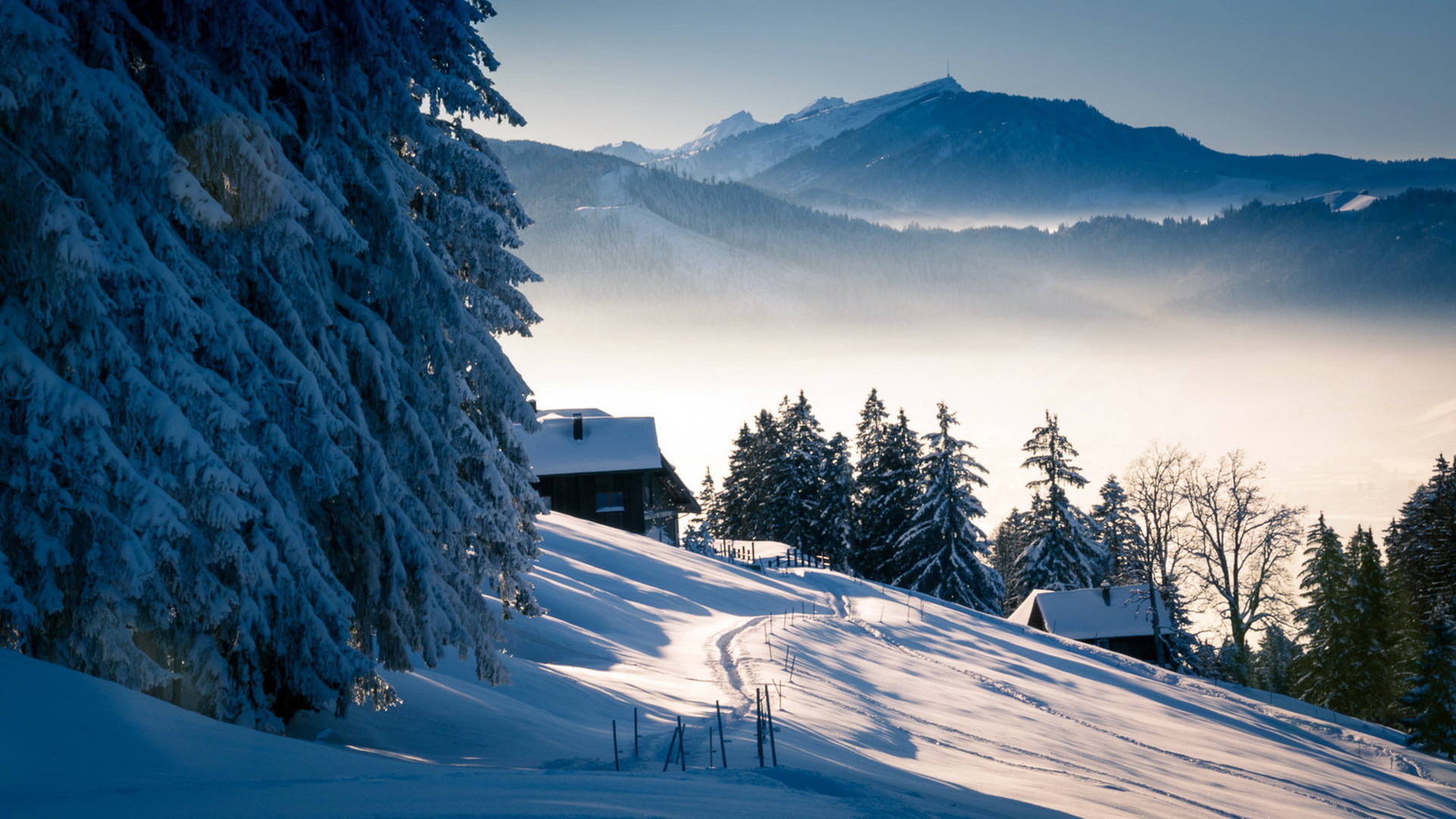冬天，山，树，雪景，路，房子，风景桌面壁纸