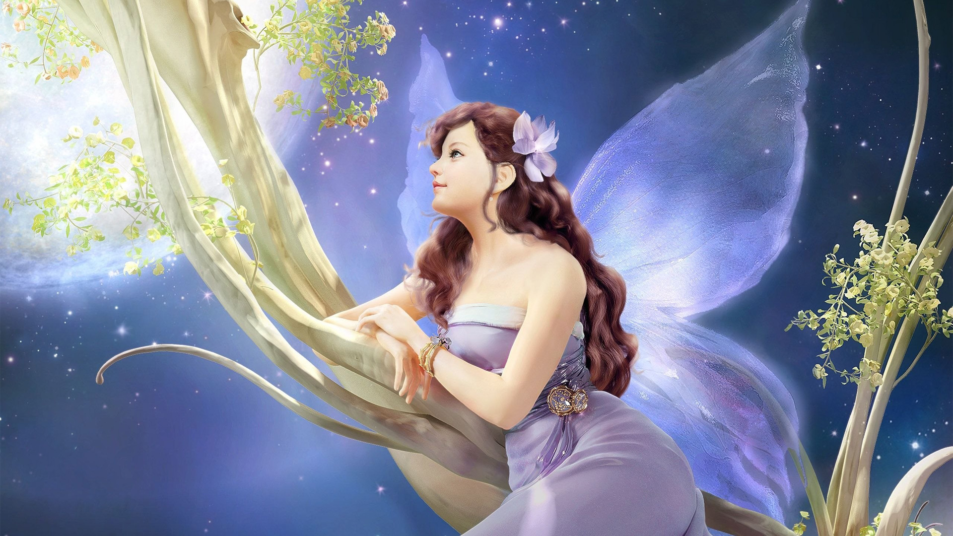 晚上,月亮,树,女孩,童话,翅膀,唯美桌面壁纸