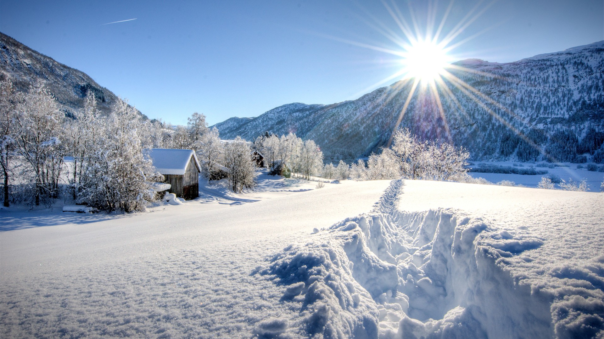冬天,积雪,路,房子,太阳,风景桌面壁纸