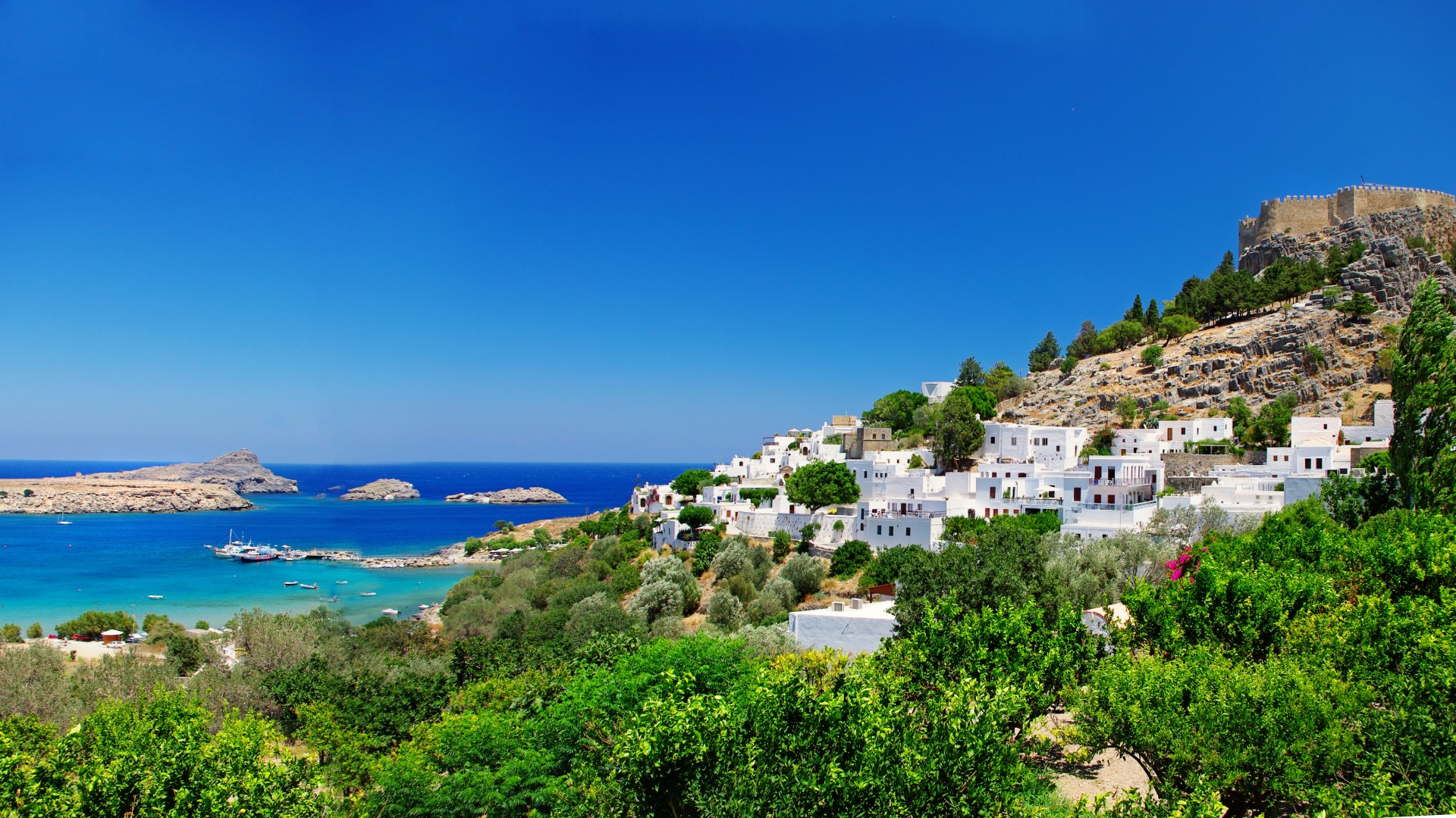 希腊,城堡,海岸,蓝色天空,风景桌面壁纸高清大图预览1920x1080