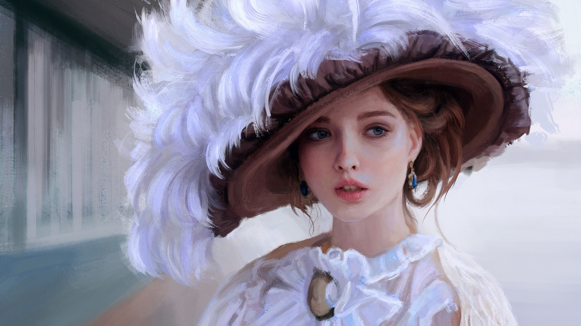 美丽的女孩,羽毛的帽子,唯美人物绘画桌面壁纸
