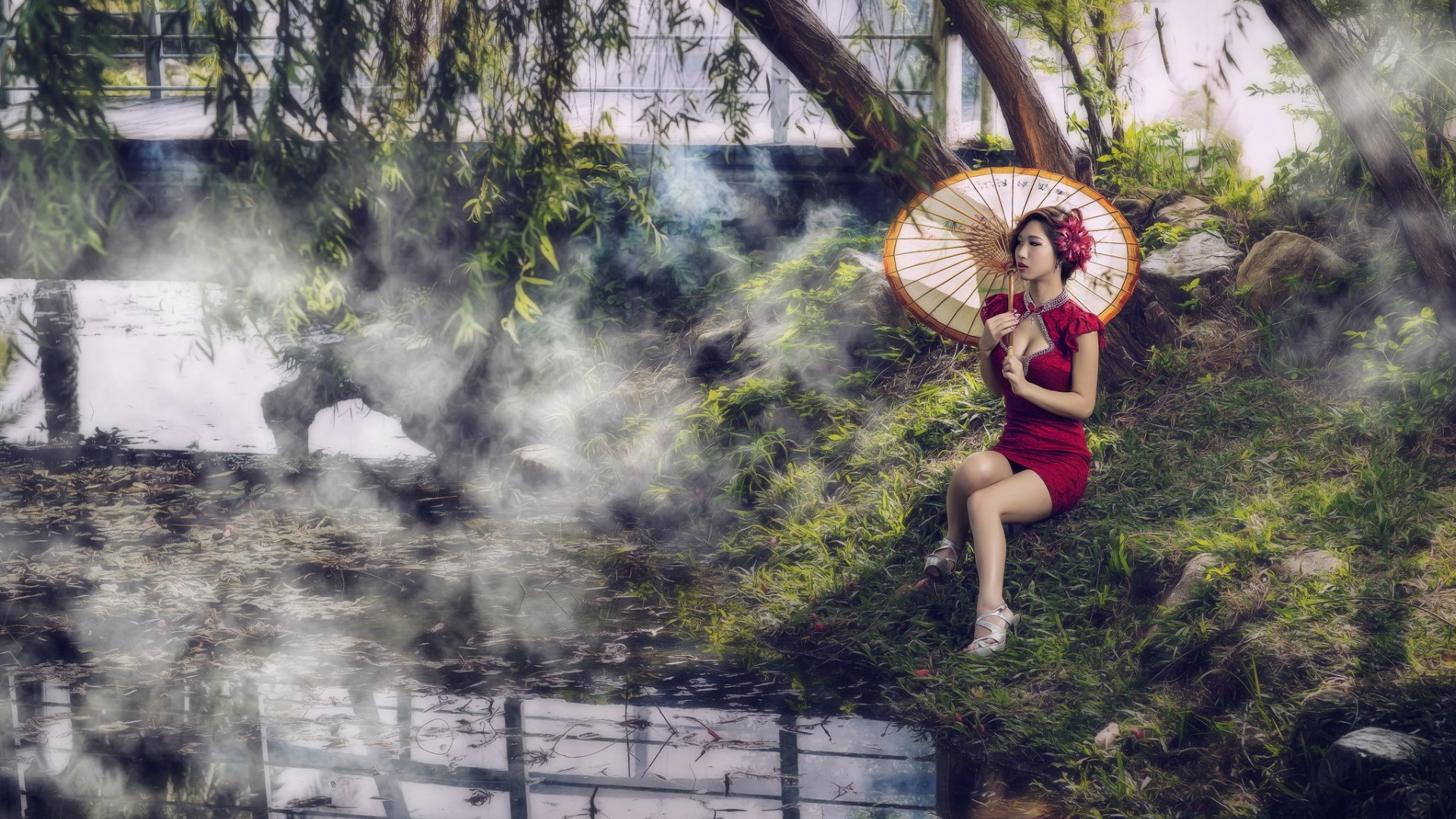 女孩,伞,柳树,河流,唯美中国风壁纸