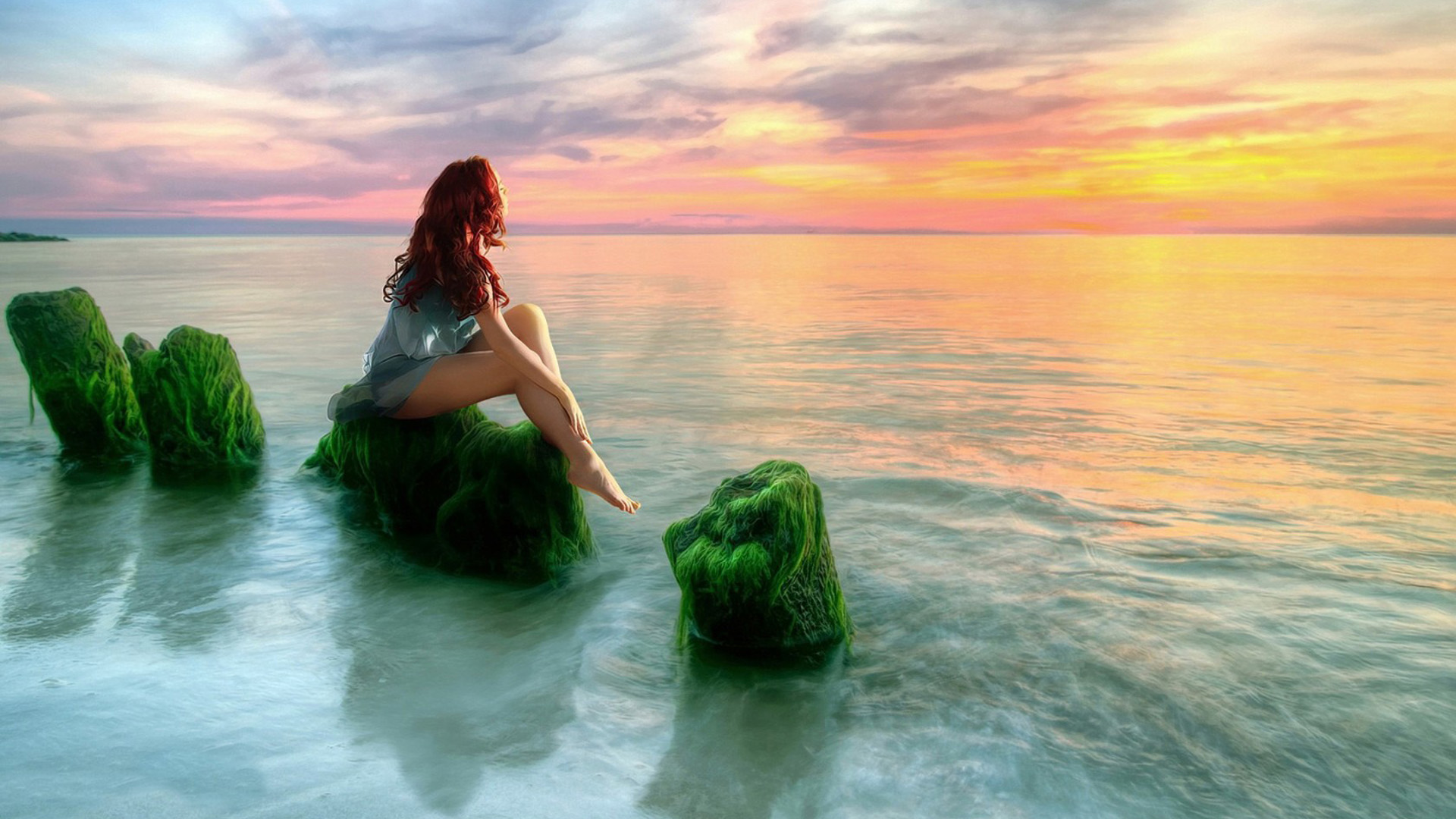 女孩,红色的头发,坐在岩石上,海边,唯美意境壁纸