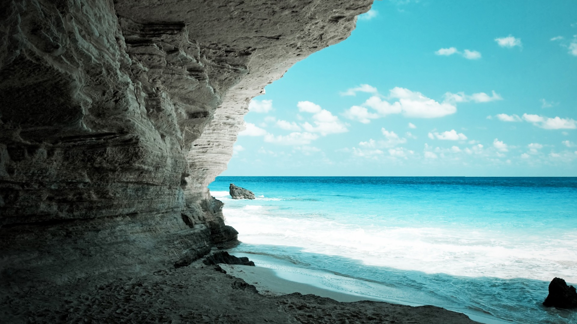 海洋，洞穴，水，石头，蓝色天空，风景桌面壁纸