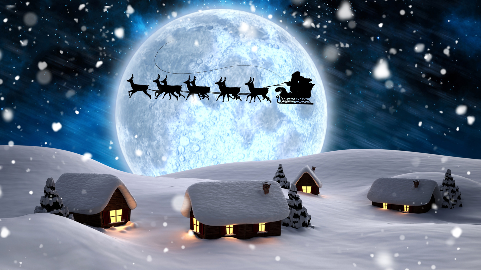 圣诞老人,鹿,雪橇,夜晚,月亮,灯光,雪花,树木,冬天,雪,房子,桌面壁纸