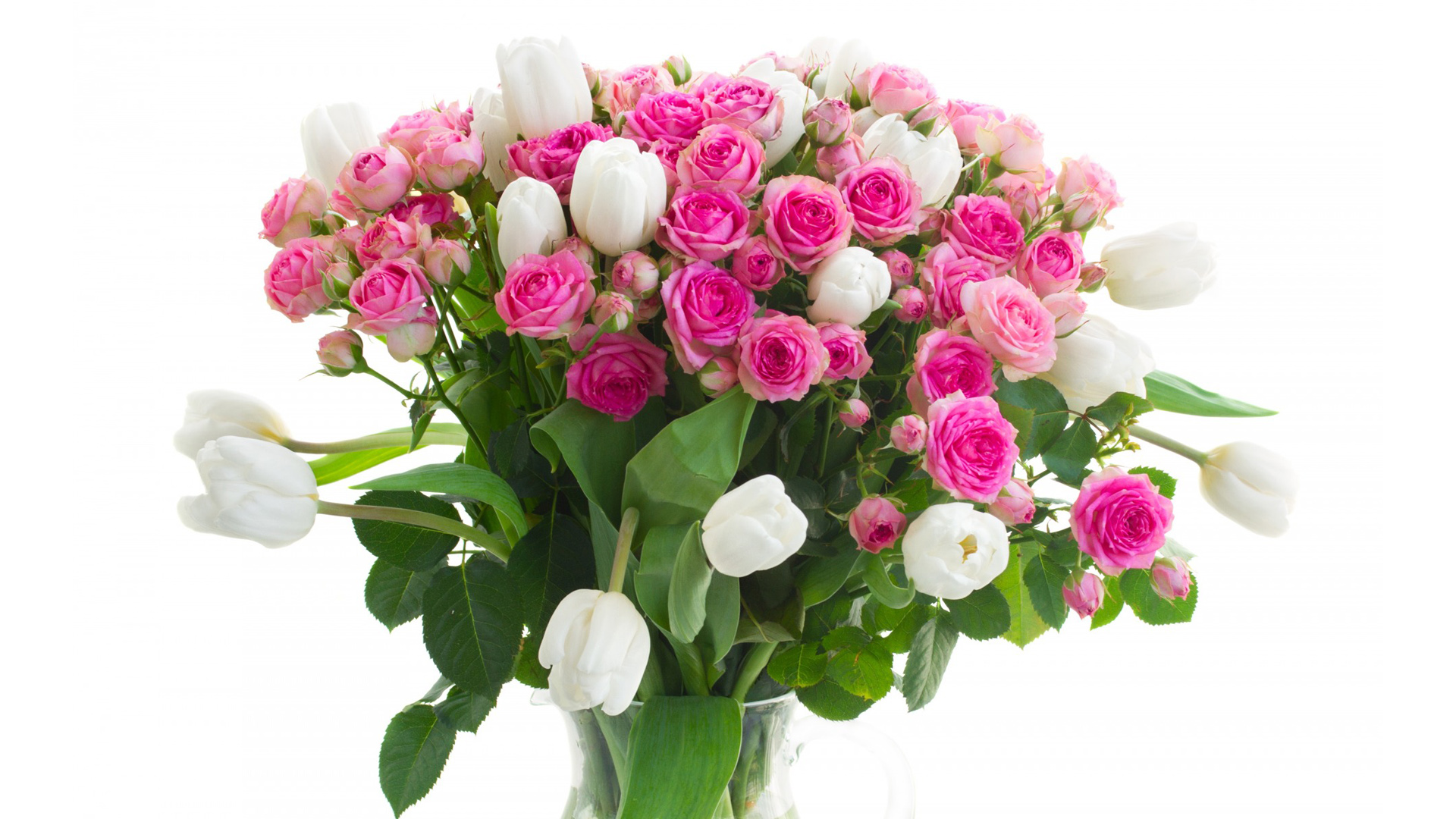 花瓶，鲜花，花束，粉红色玫瑰，白色郁金香，桌面壁纸