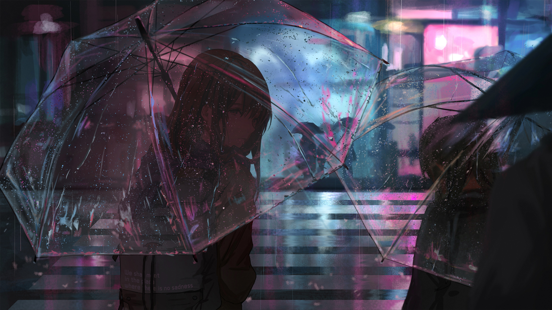 雨天 夜景 女子 雨伞 城市风景高清动漫壁纸