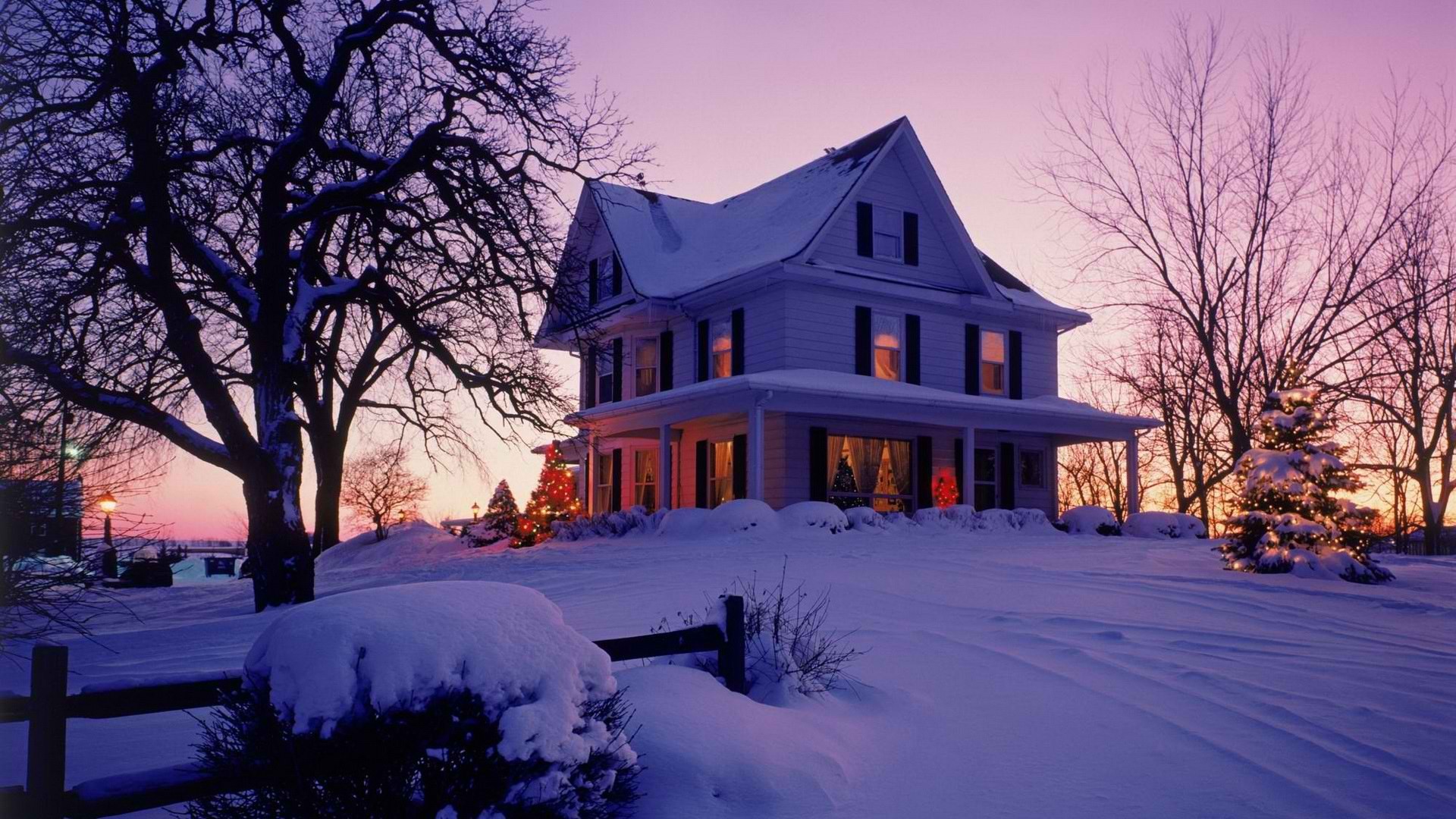 冬天,城市,大雪,别墅,房子,树,圣诞节,装饰,风景壁纸
