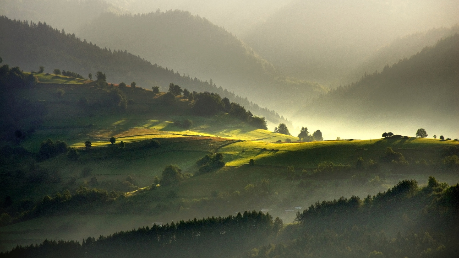 早晨山谷阳光美景，免费高清电脑壁纸下载