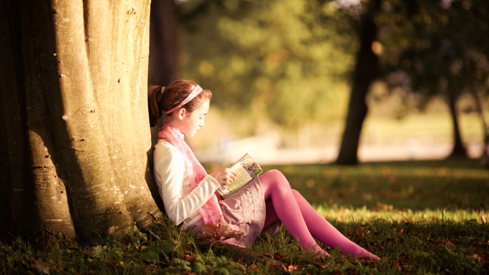 自然,公园,森林,树,女孩,粉色袜子,书籍,心情,桌面壁纸