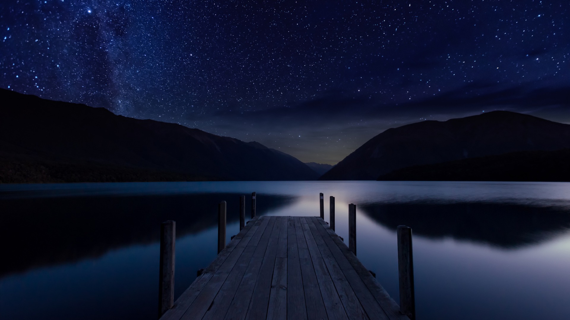 夜晚，天空，星星，湖，码头，宁静，风景桌面壁纸