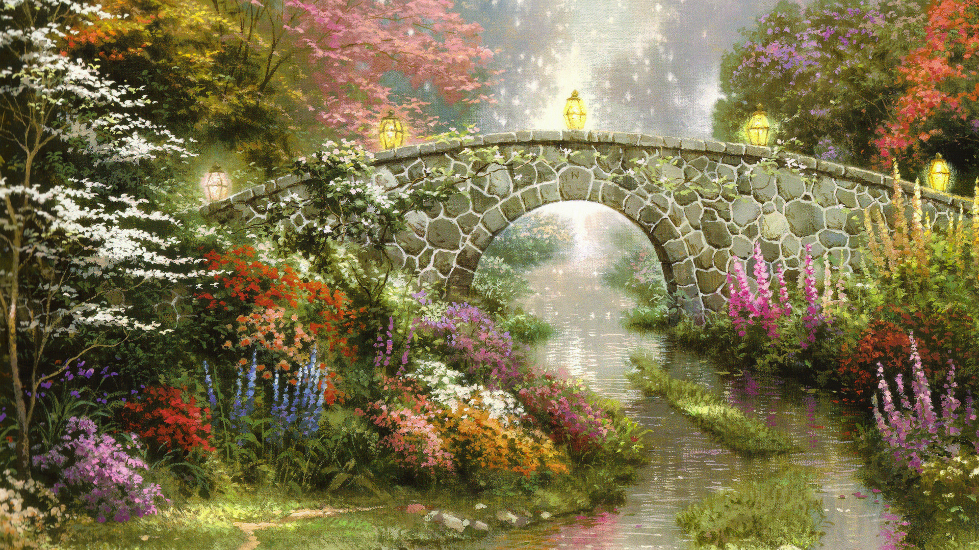 春天，桥梁，石桥，小溪，流水，美丽森林风景，绘画，优美的风景桌面壁纸