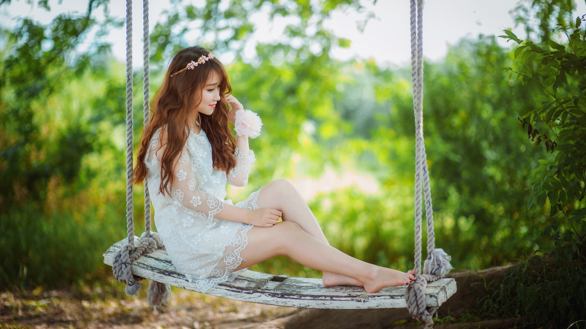 美女,白色裙子,秋千,心情,夏天风景,美女壁纸